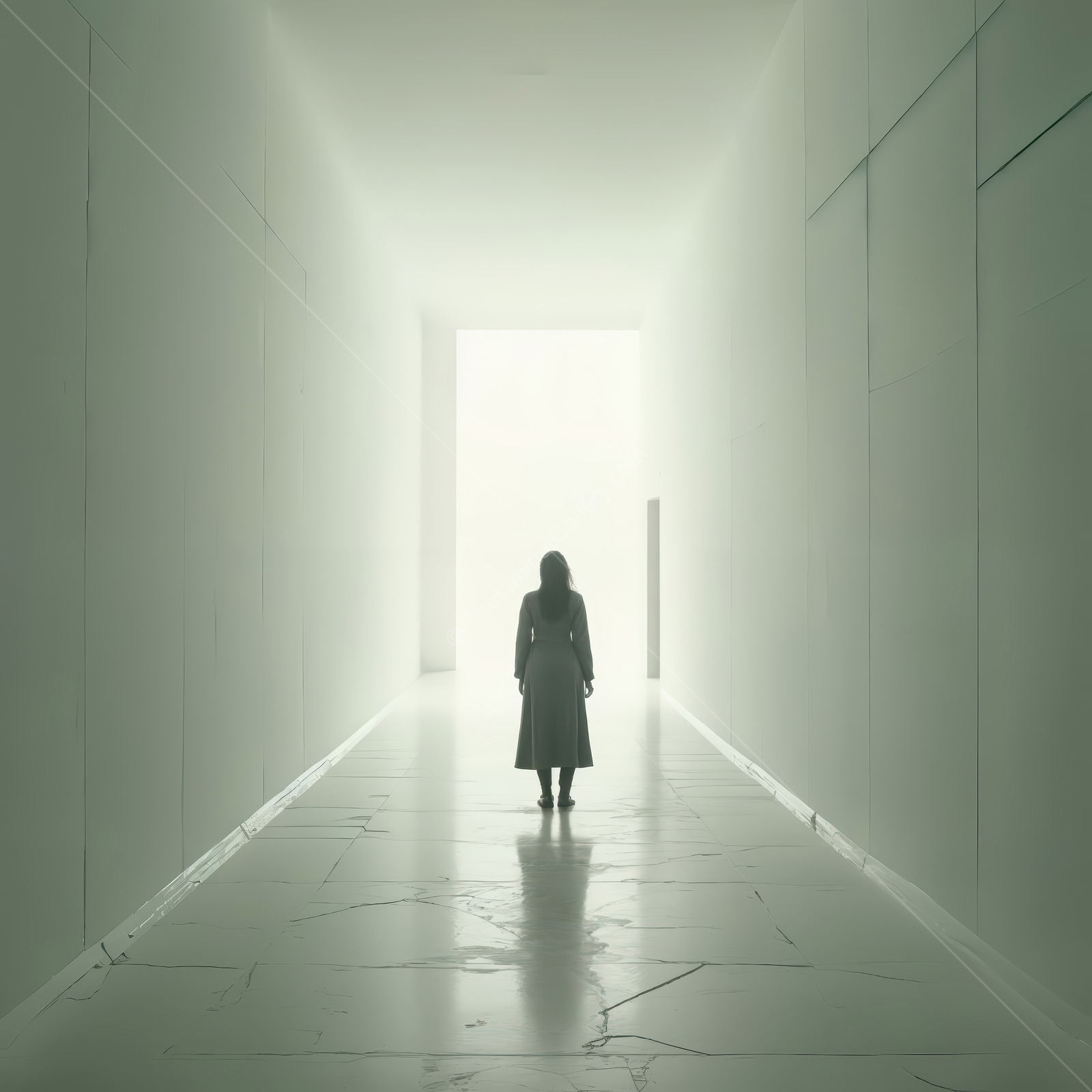 Silhouetted woman walks a white corridor toward an opening, walls glowing so her outline thins into the light