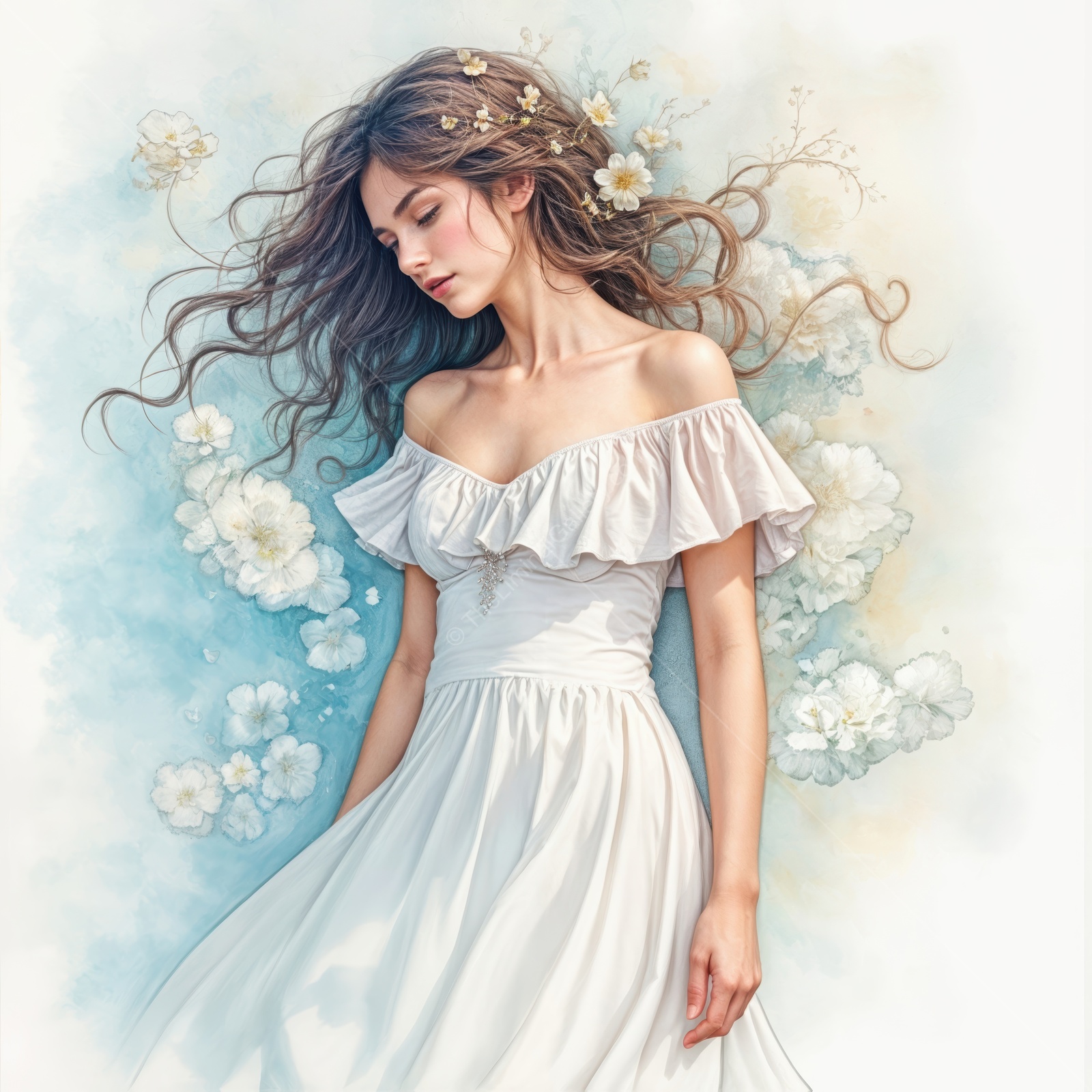 Woman in a white dress stands among small blossoms, pastel haze washing the space around her
