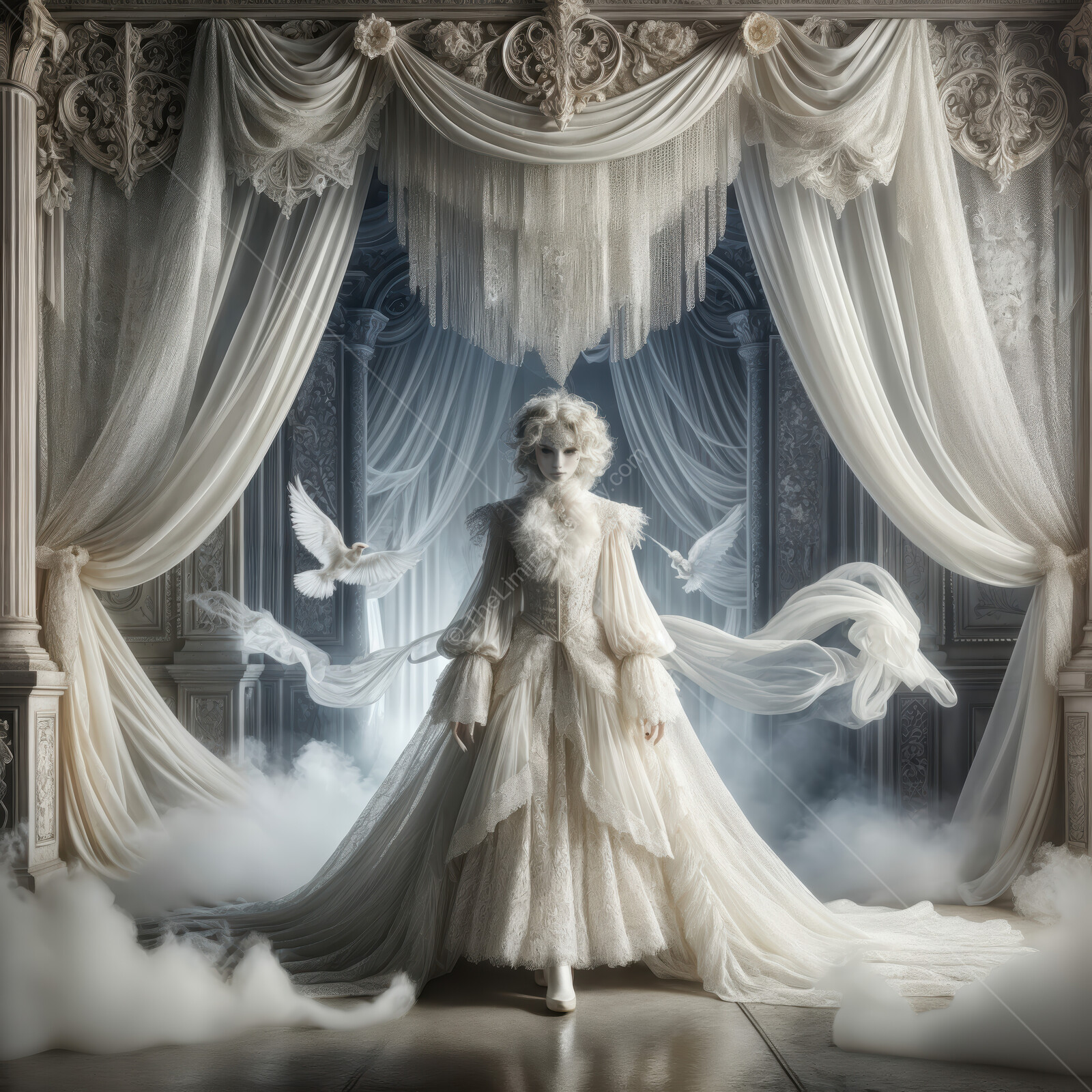 Woman stands among billowing white fabrics and fluttering doves, architectural details glowing at dusk