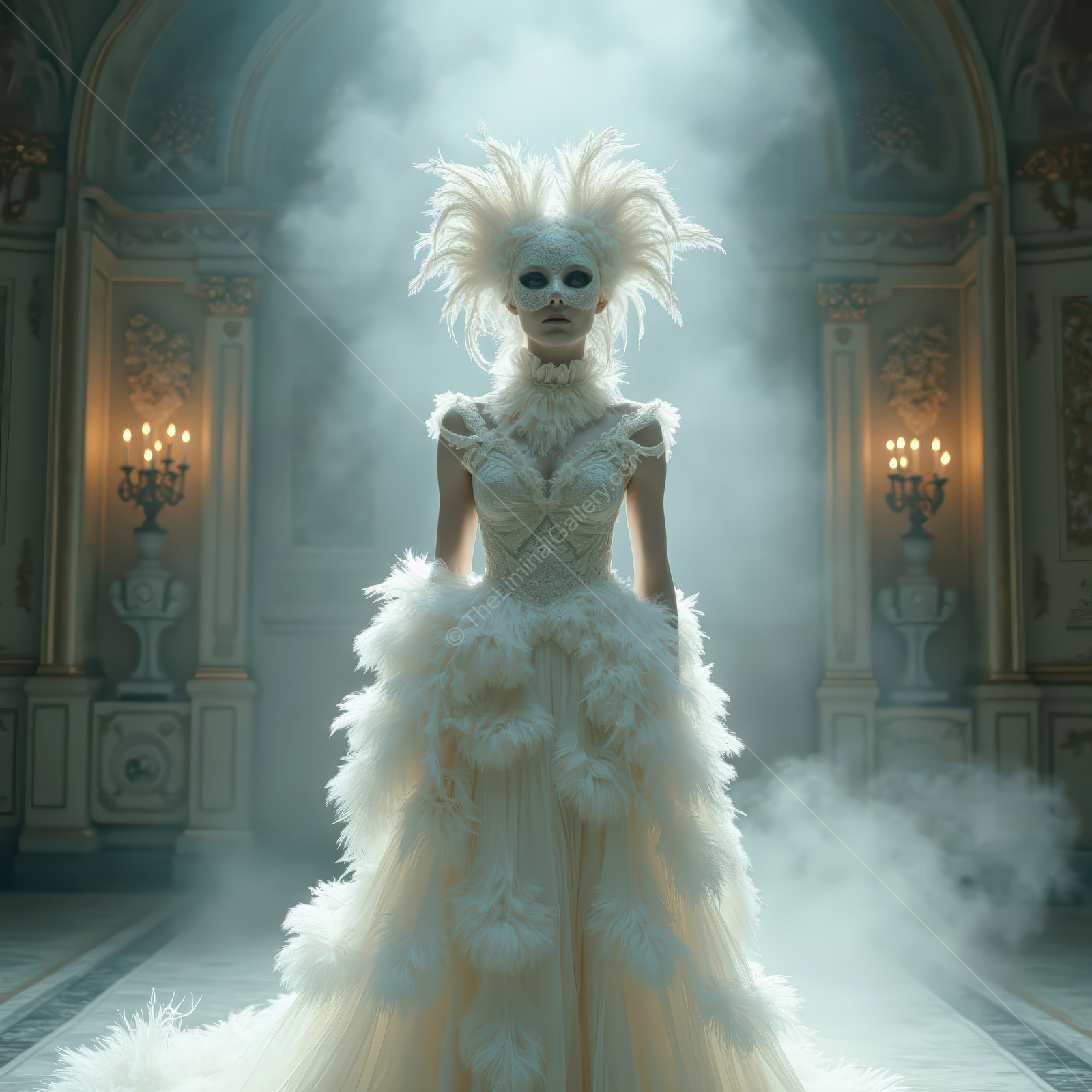 Woman in a feather-trimmed white gown stands in a fog-kissed grand hall, side-lit so her sculpted hair and avant-garde makeup catch the drifting light