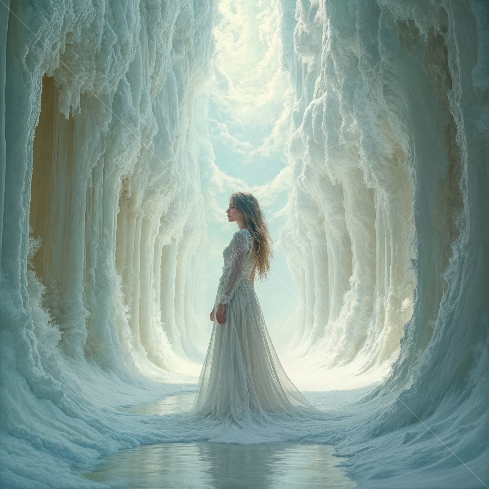 Woman in a white gown stands by calm water while cloud walls curl around her in early gold light