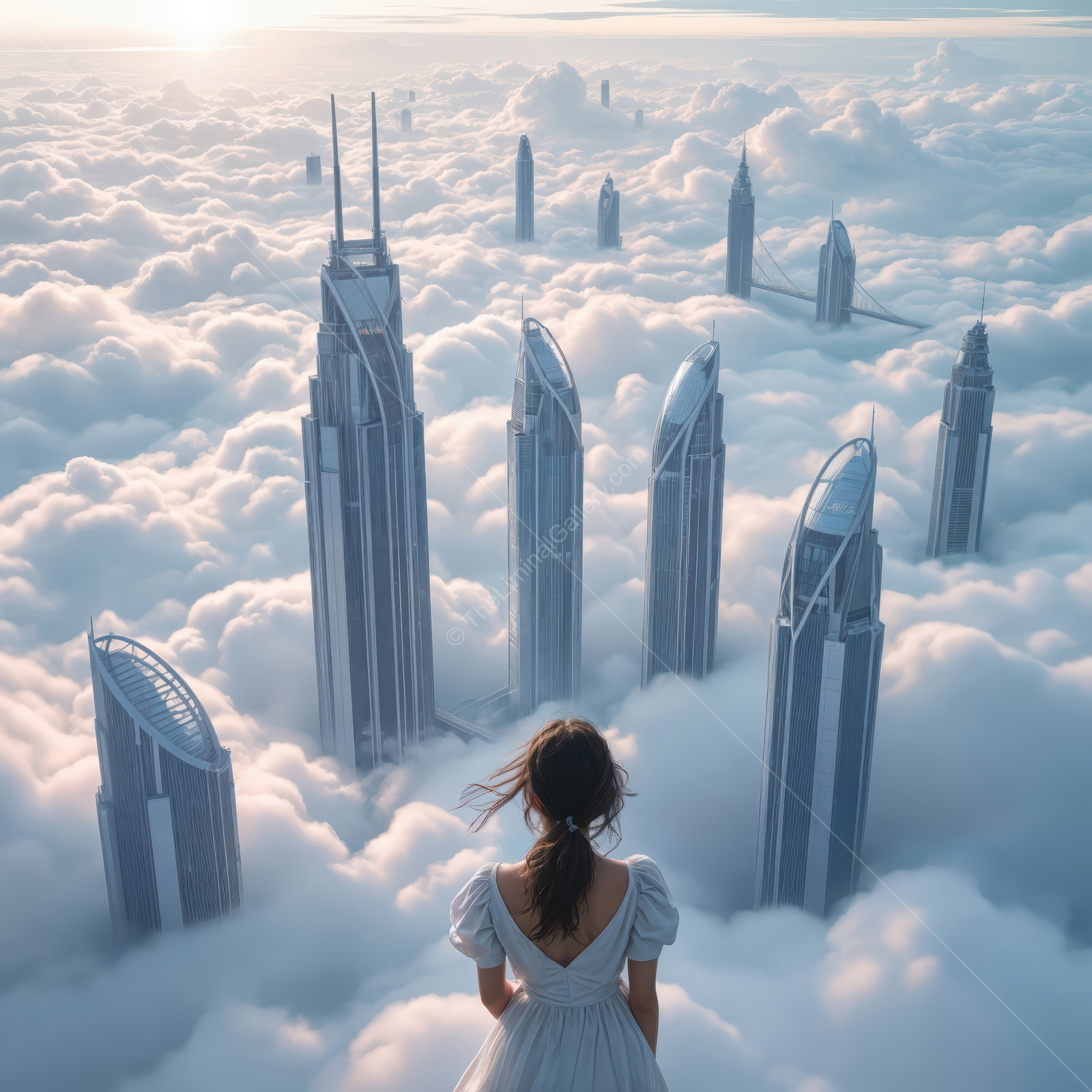 Woman in a white gown stands on cloud cover facing tall glass towers at dawn, soft mist blurring their edges
