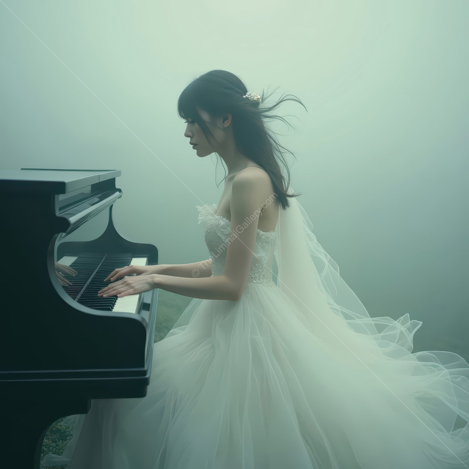 Woman in a white gown plays a black piano in low fog, dawn light skimming keys and pooling around her sleeves