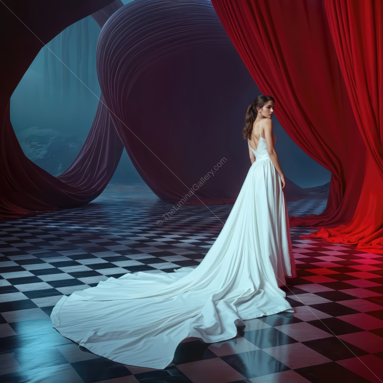 Woman in a white gown stands where red drapes arc above a checkered floor, pale light pooling at her feet