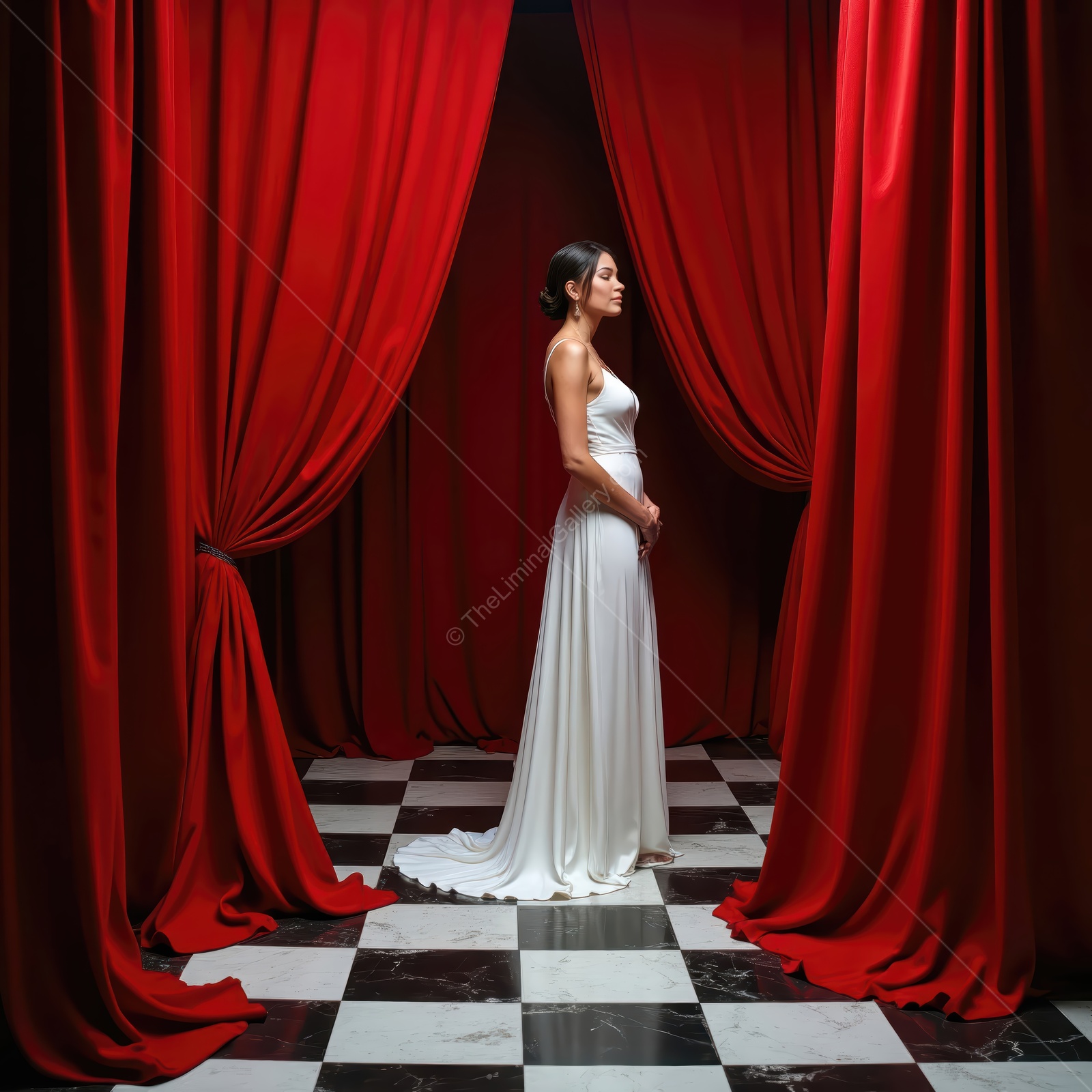 Woman in a white gown stands centered between tall red curtains on a bold checkered floor