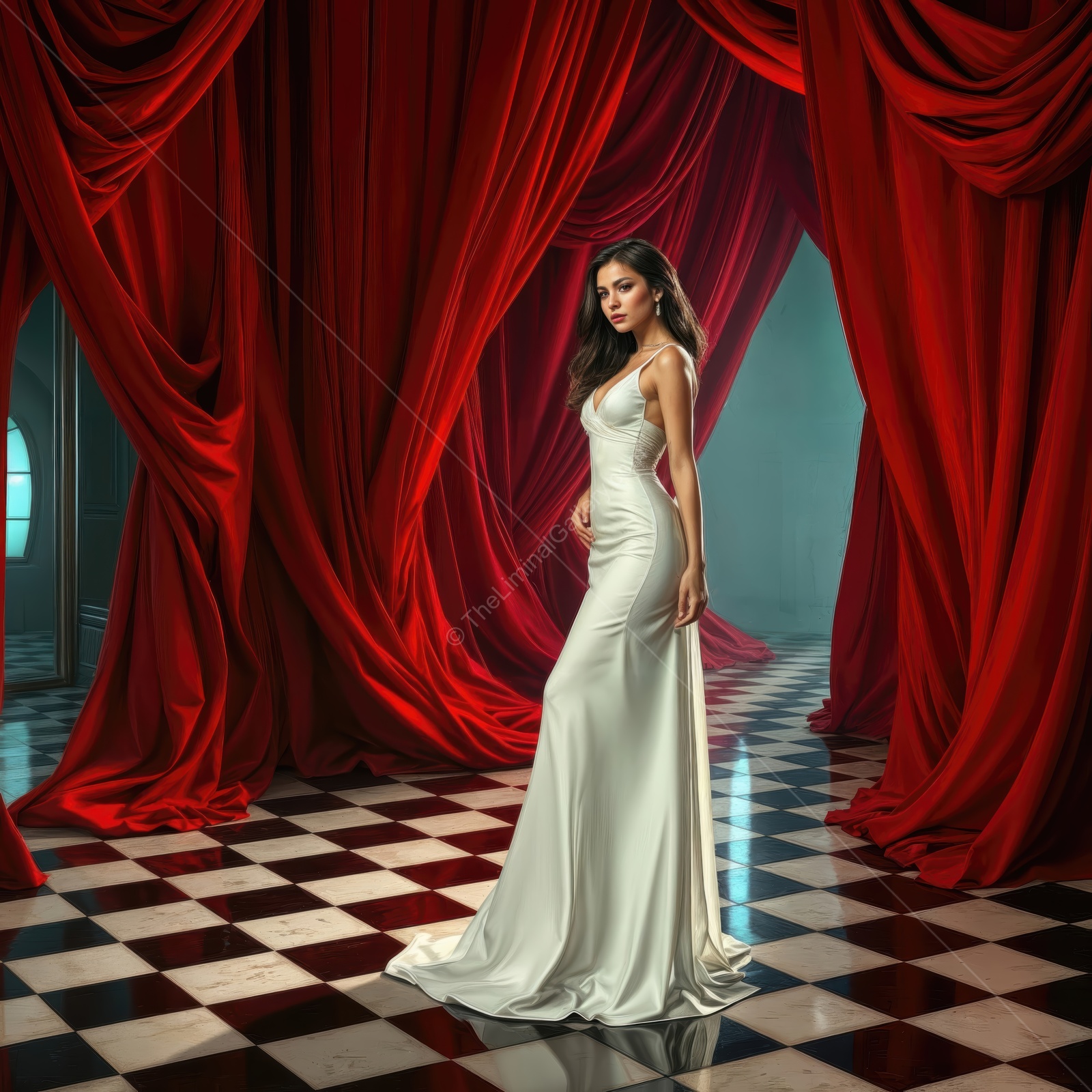 Woman in a white gown stands among vivid red curtains as a checkered floor pulls toward her
