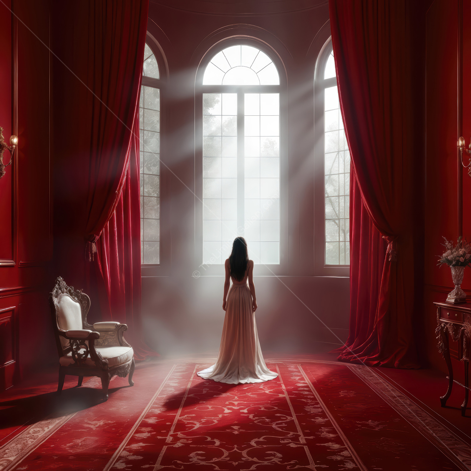 Woman in a white gown stands between tall windows and red drapes, patterned carpet catching the diffused glow