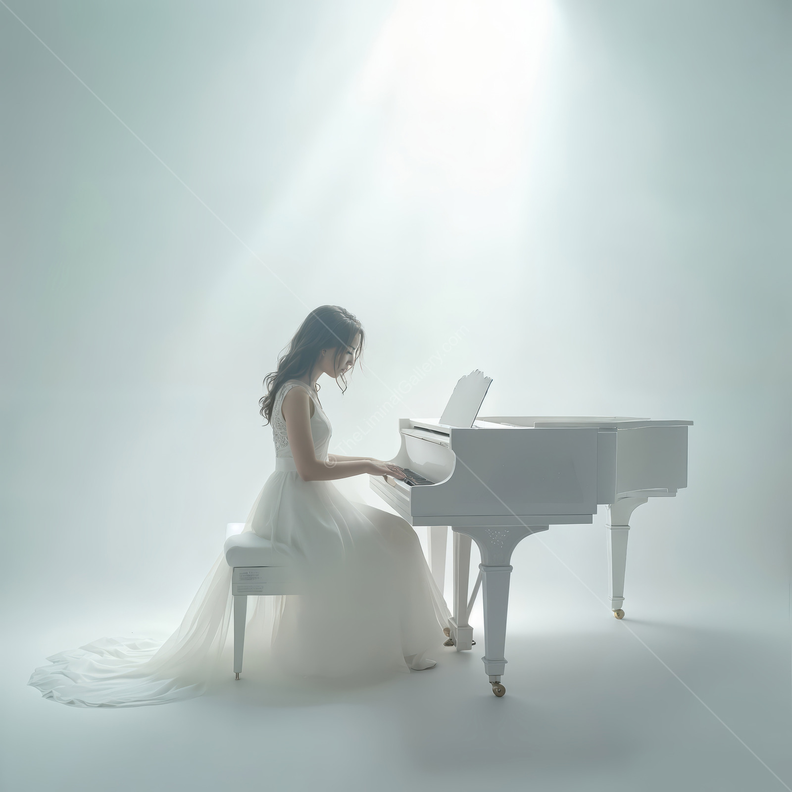 Woman in a long gown plays a white piano in mist, gentle beams tracing keys and lace
