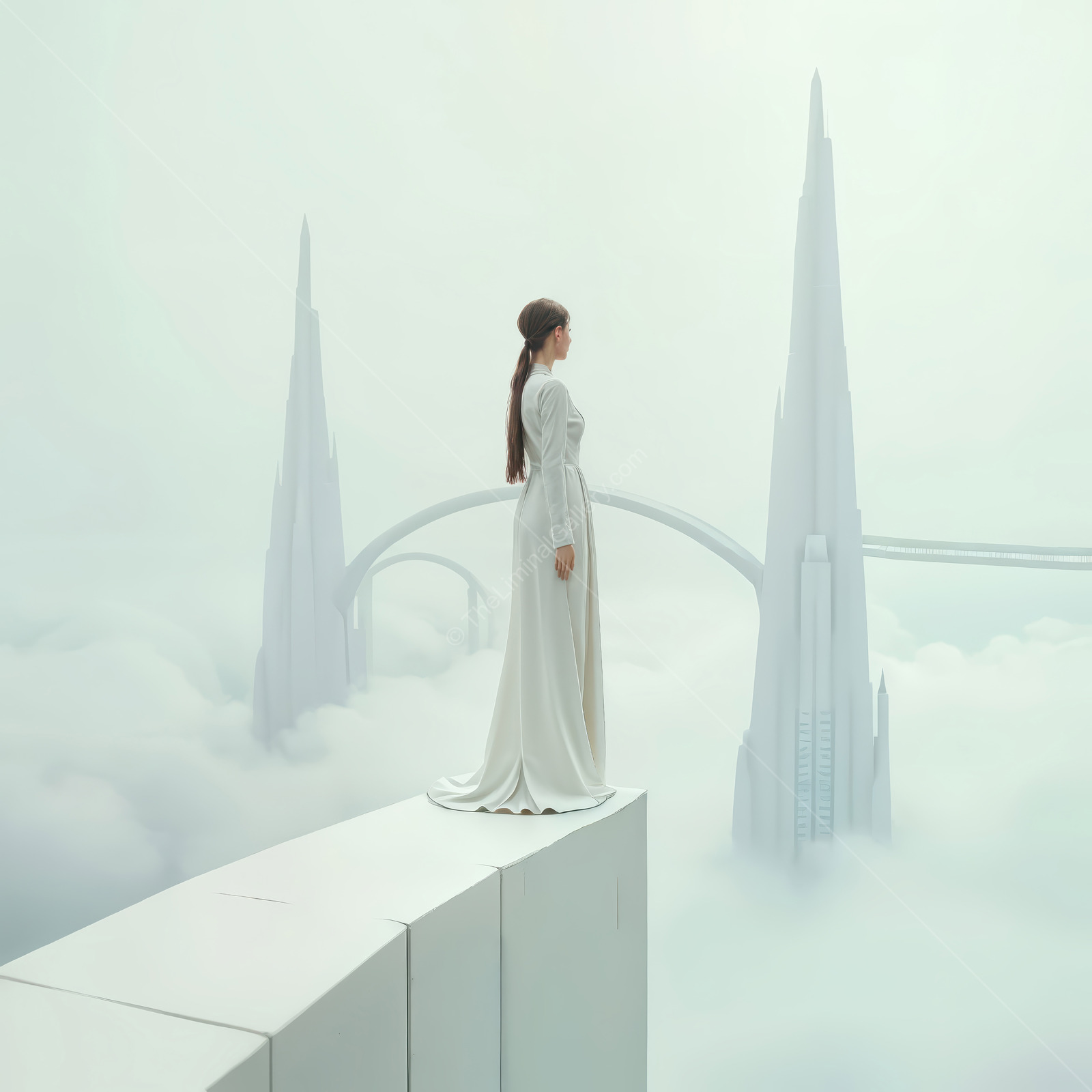 Woman in a white gown stands on a stark platform above clouded void, spires rising through the mist ahead