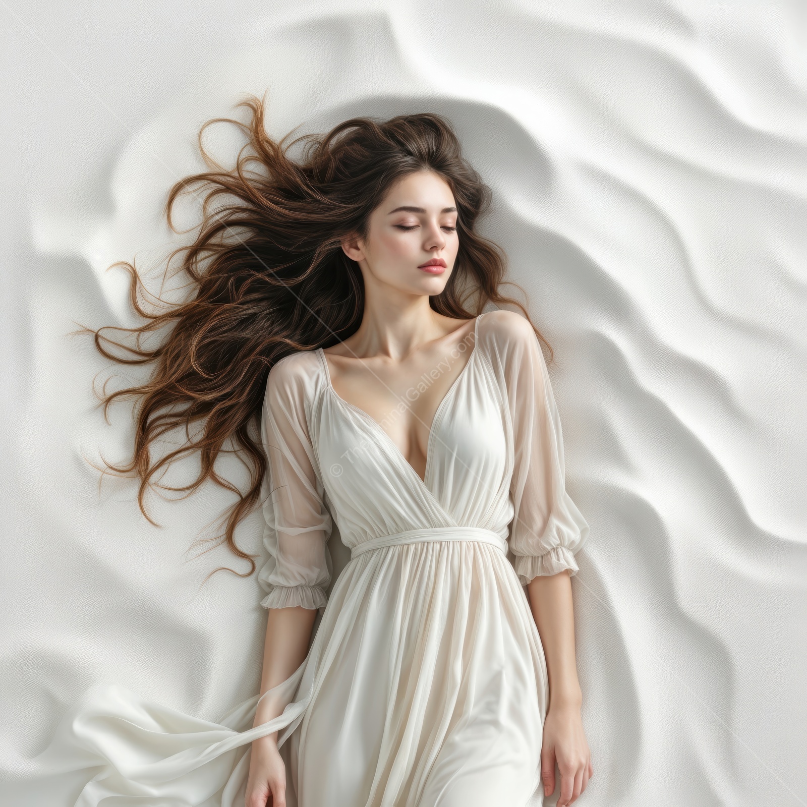 Woman in a light gown lies across sculpted waves of white textile with long hair streaming as twilight glow softens the contours