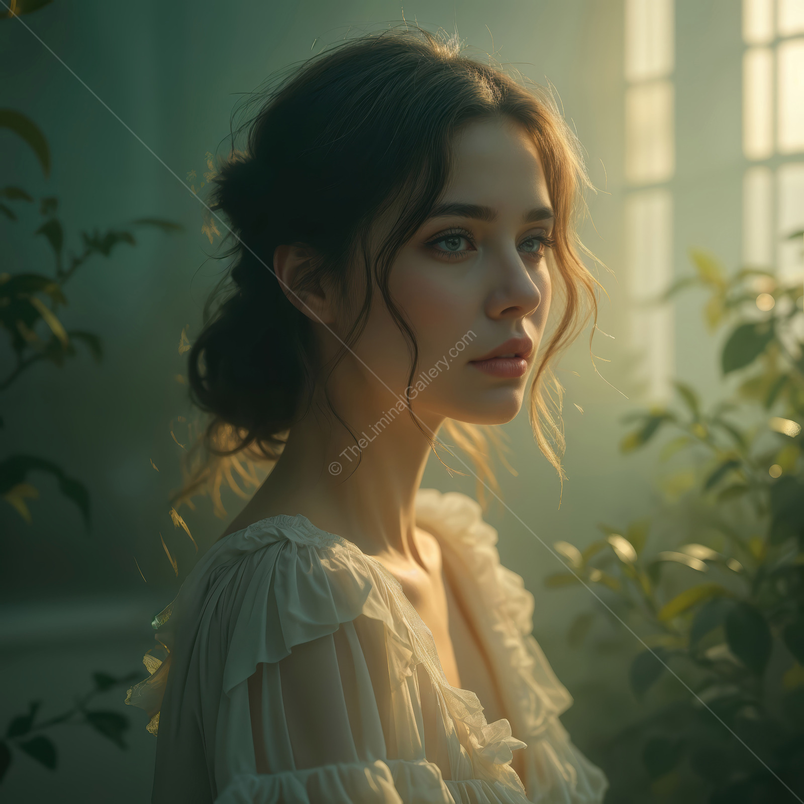 Woman stands amid indoor greenery as window light halos her hair and softens the room�s edges
