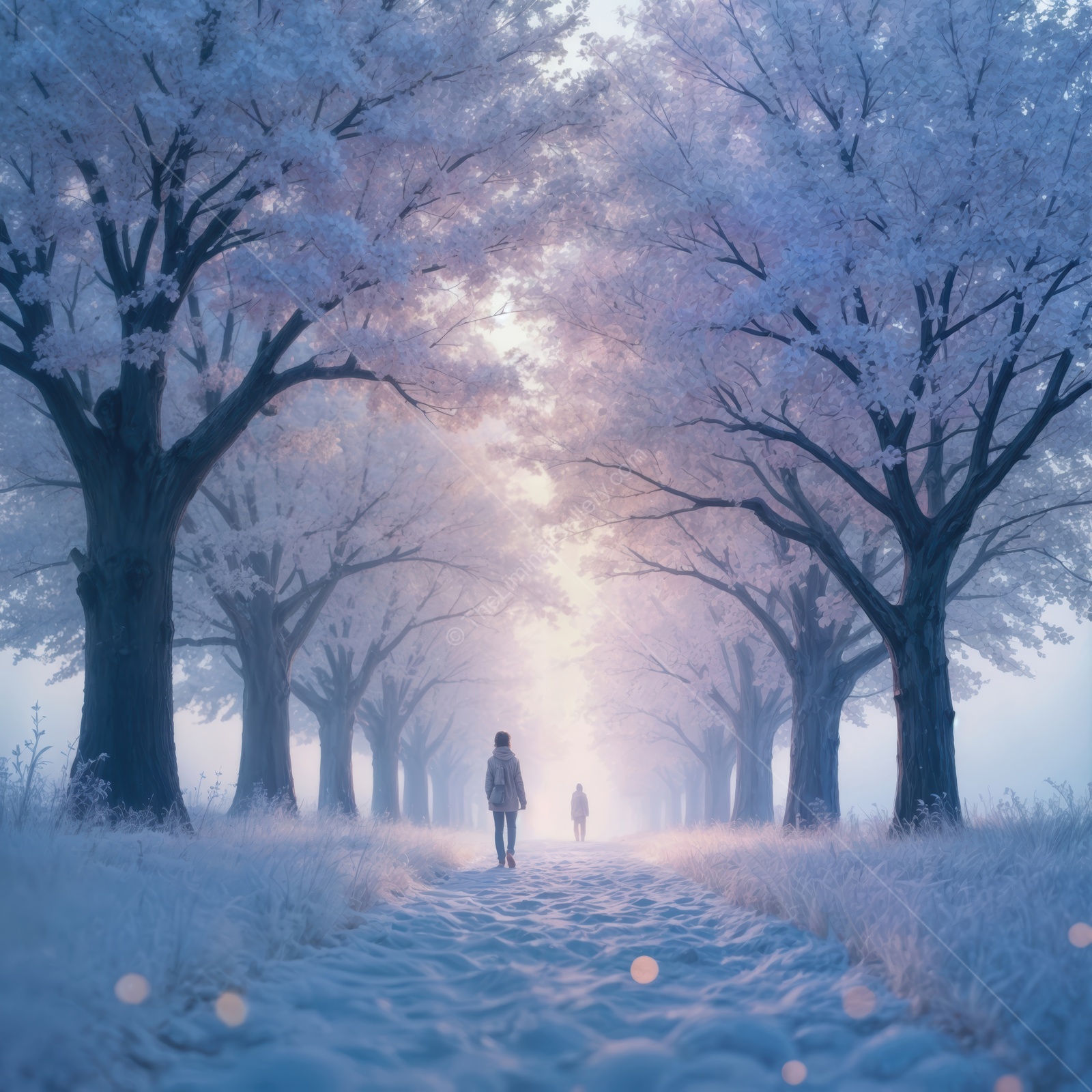 Serenity in a winter wonderland under soft pink hues at dawn by a tranquil path