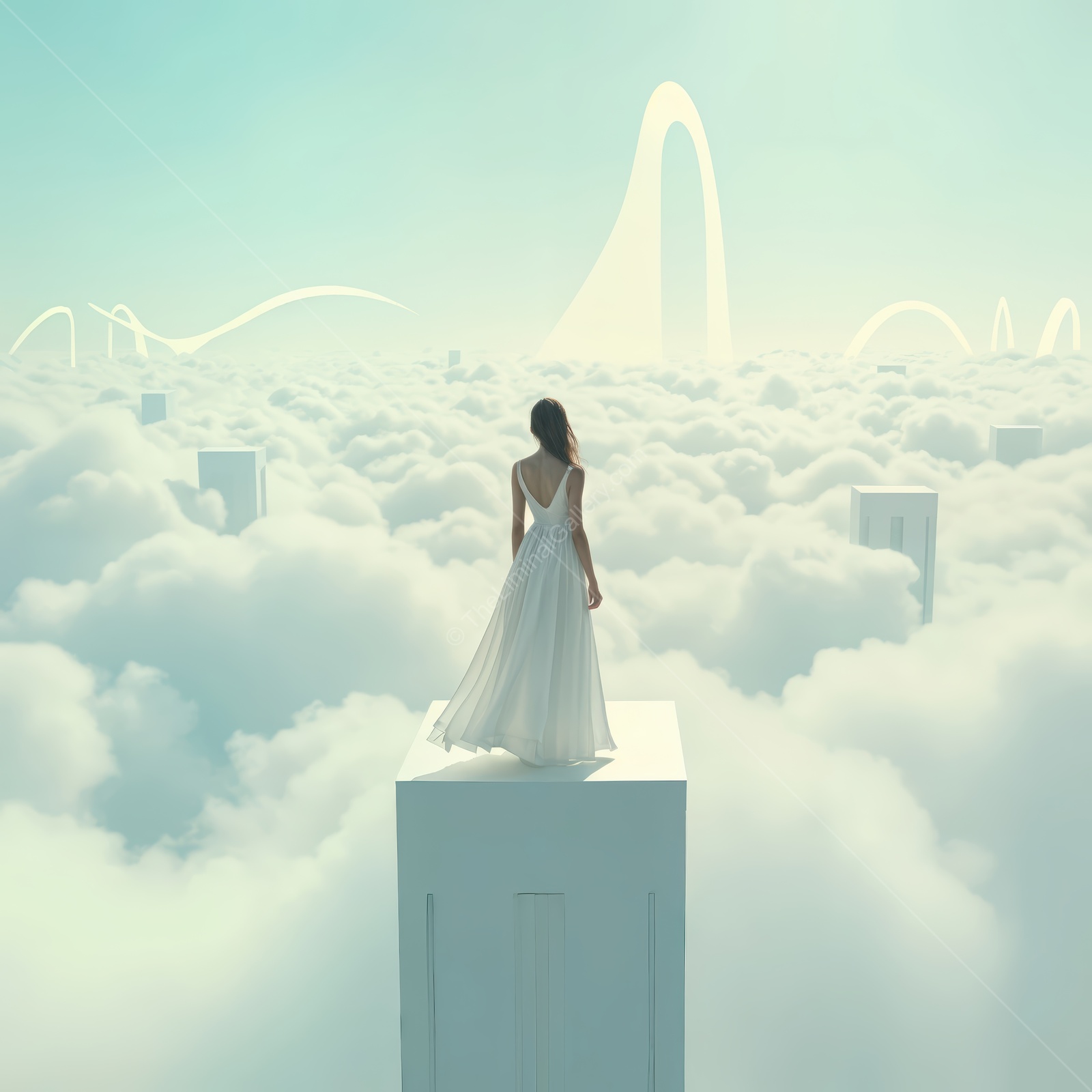 Woman in a flowing white dress stands on the edge of a white cube above billowing clouds watching distant geometric towers rise from the mist