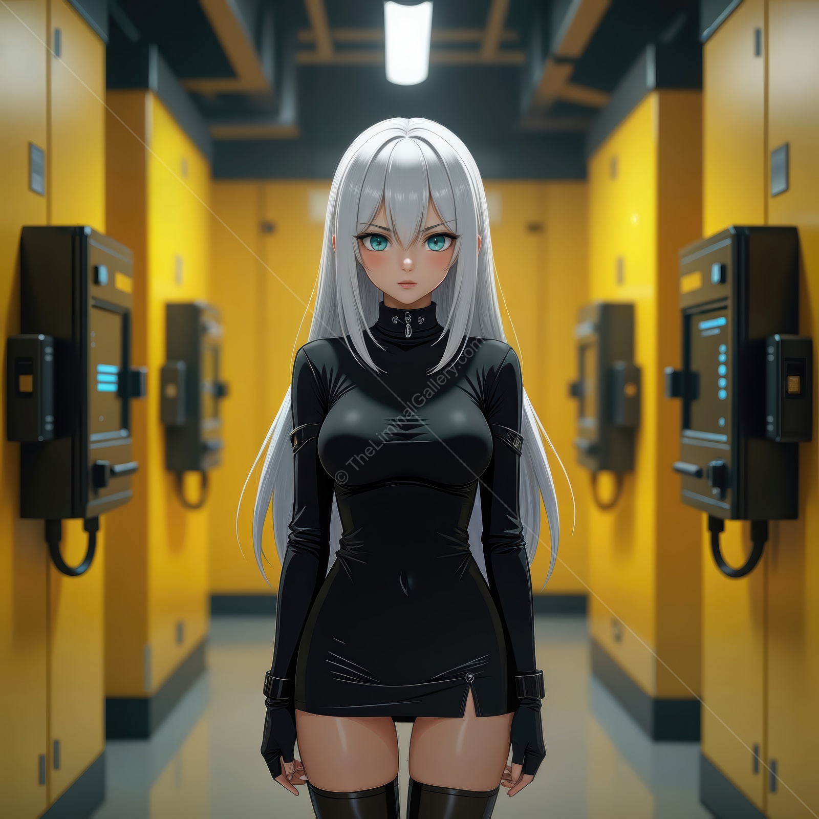 Woman with long silver hair stands in a narrow corridor lined with bright yellow booths, black outfit catching the glow