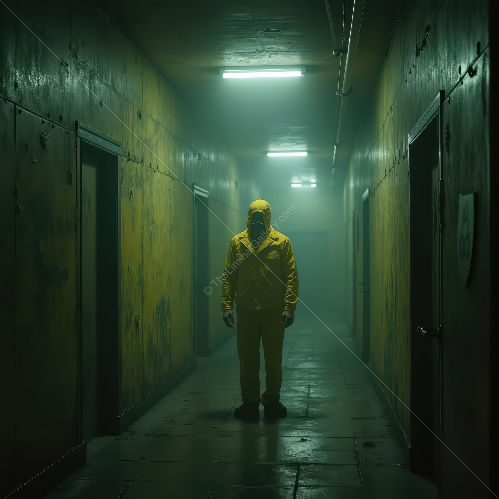 Mysterious figure in a dimly lit corridor with yellow walls and eerie atmosphere at night