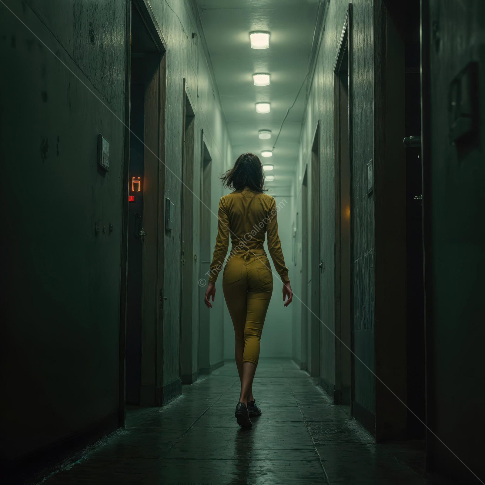 Woman in a vivid yellow outfit walks a dim industrial corridor, overhead fixtures tracing a cool line