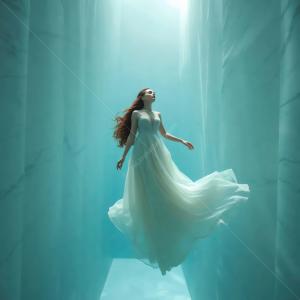 Ethereal woman in a flowing white dress gracefully floats underwater in serene liminal blue surroundings during daylight