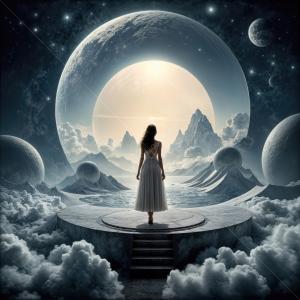 Dreamy woman in a white dress explores a celestial landscape full of moons and mountains