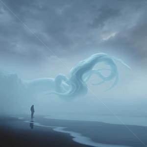 Majestic creature emerges from the misty liminal ocean, captivating a lone figure on the desolate shoreline at dawn