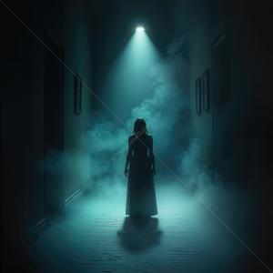 Mysterious silhouette stands in a foggy corridor illuminated by a ghostly light