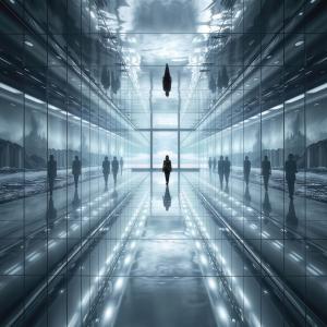 Reflective corridor with mysterious figures in a futuristic setting during twilight hours