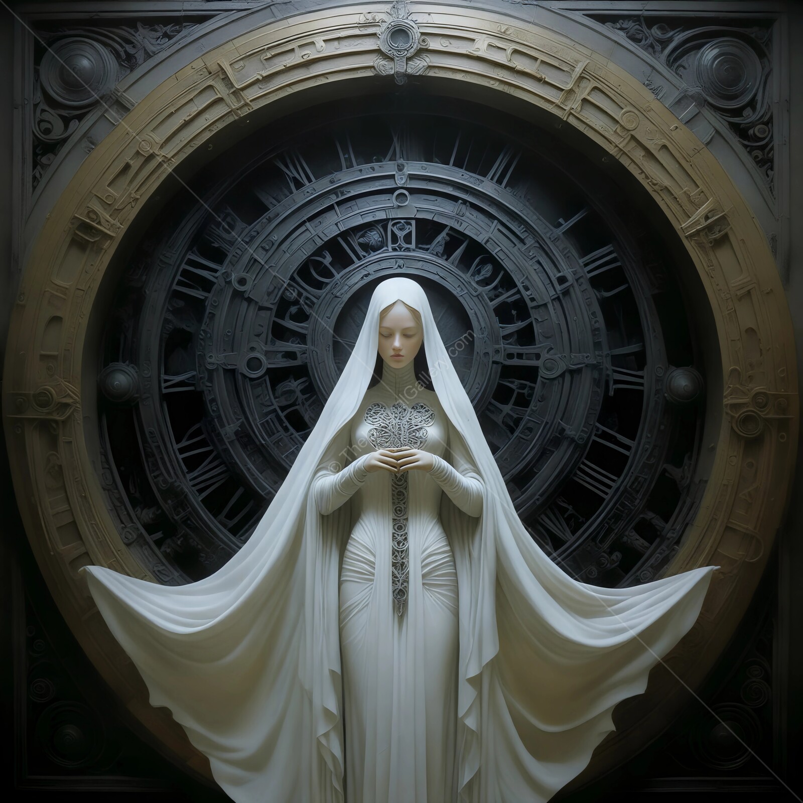 Mystical priestess draped in white stands before an intricate clockwork backdrop in a dimly lit chamber