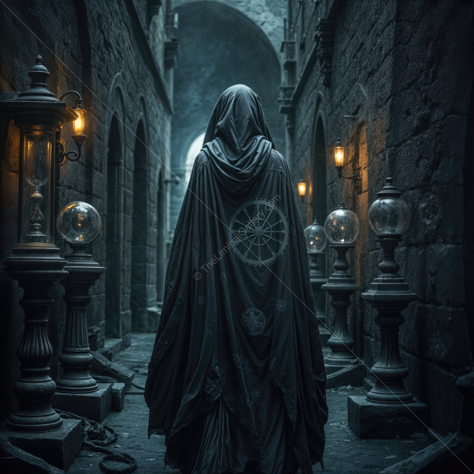 Enigmatic adventurer, shrouded in mystery walks through ancient cobblestone alleyway at twilight