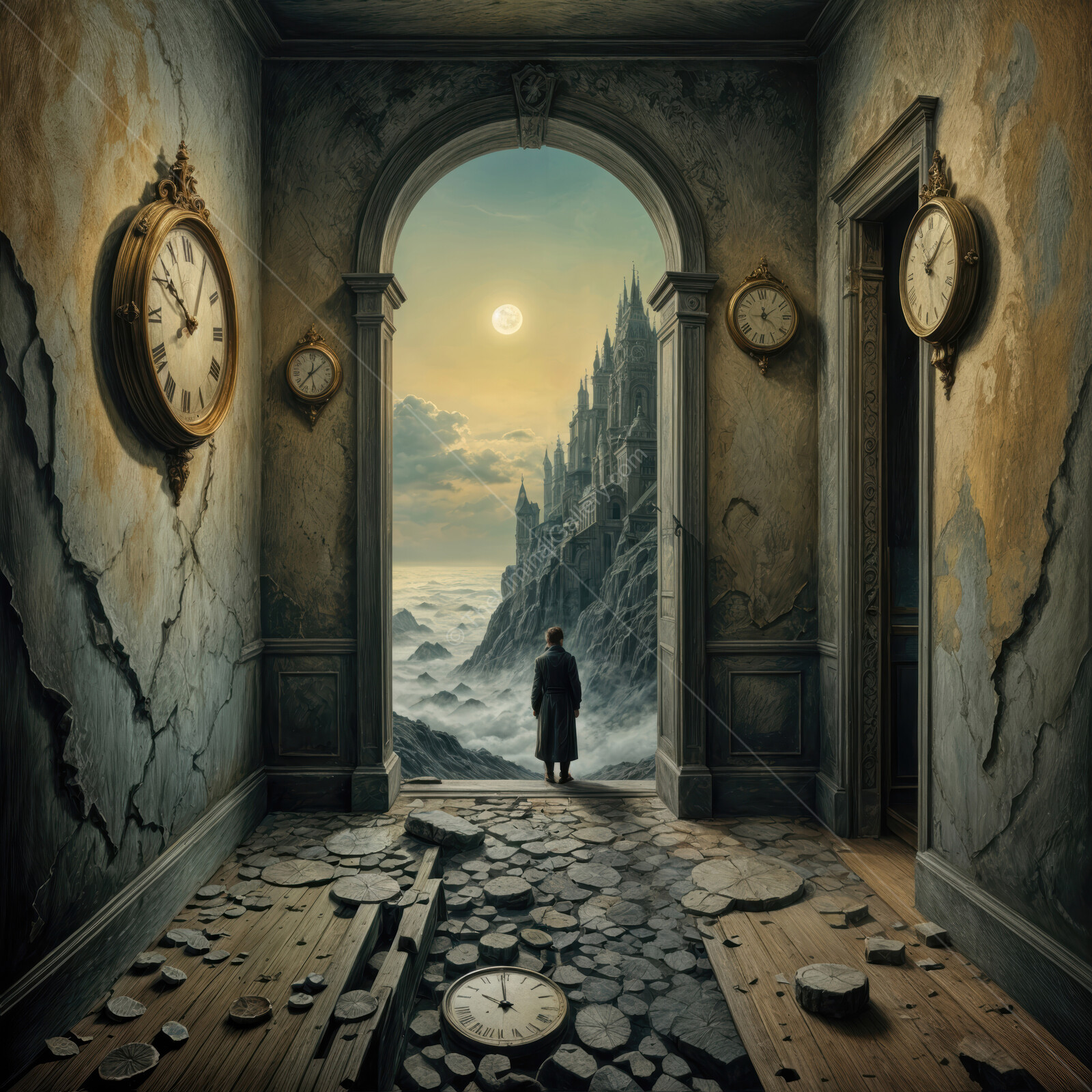 Mysterious gothic figure gazing into surreal landscape through a crumbling archway at twilight