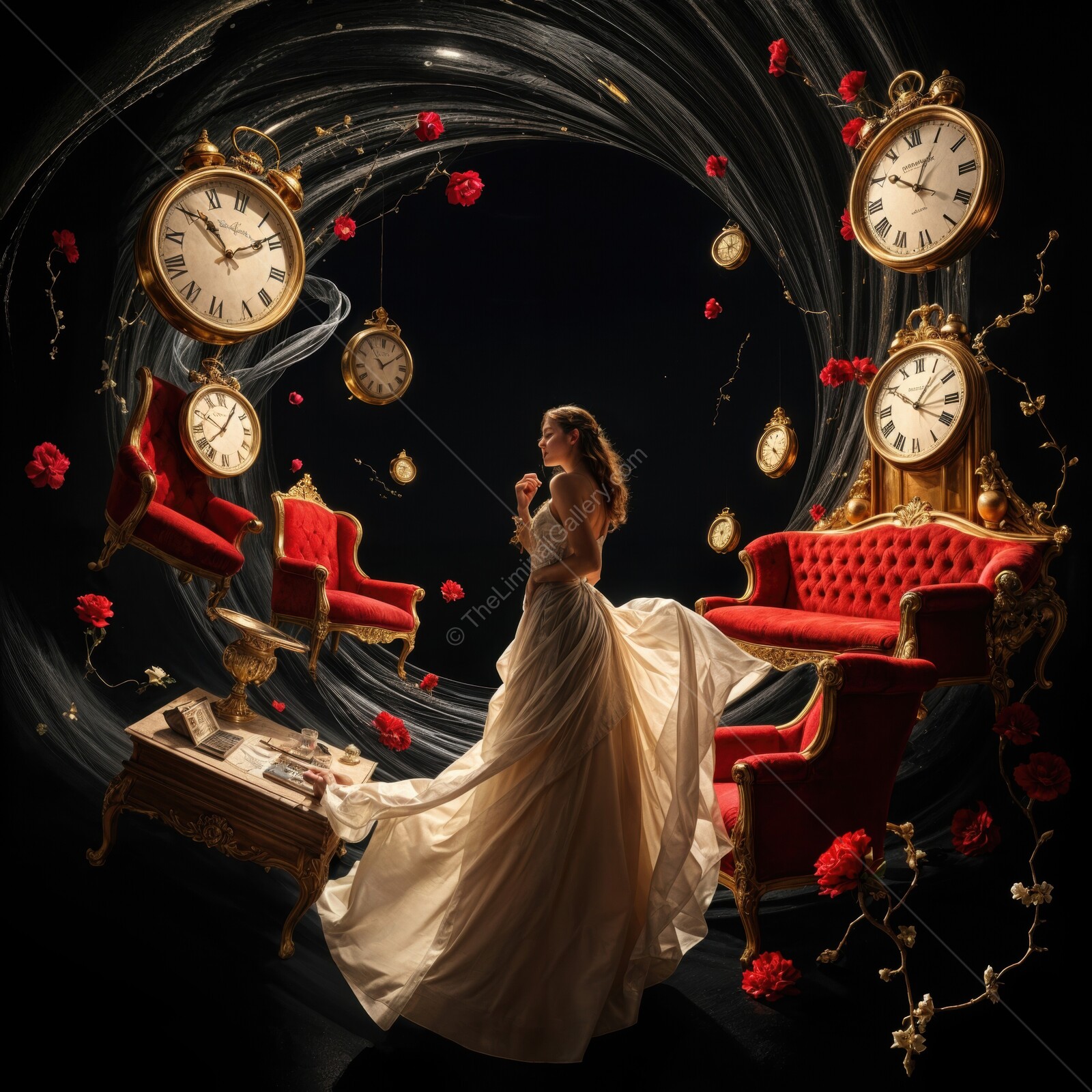 Swirling time and elegance in a dreamlike realm of red roses and vintage clocks
