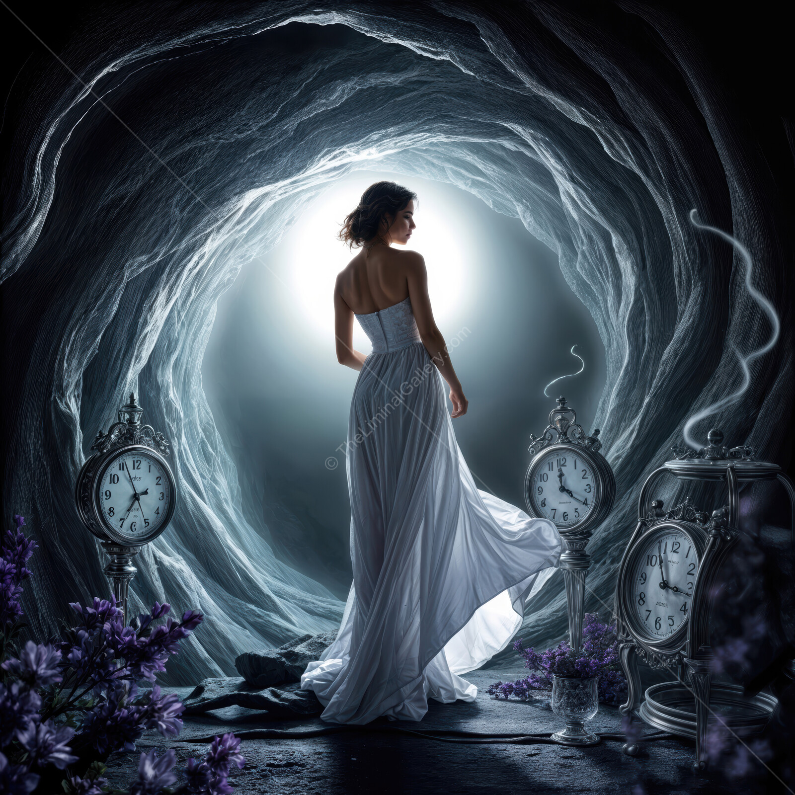 Ethereal woman in a flowing dress stands in a mystical cave of time and shadow at dusk