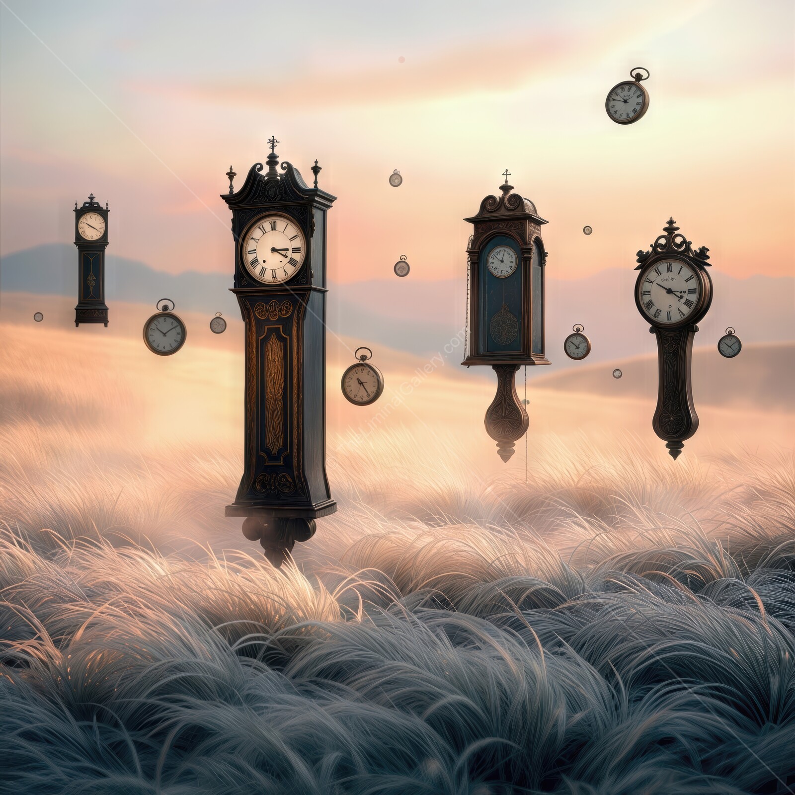 Floating liminal clocks in a mystical landscape at twilight evoke the passage of time and surreal beauty