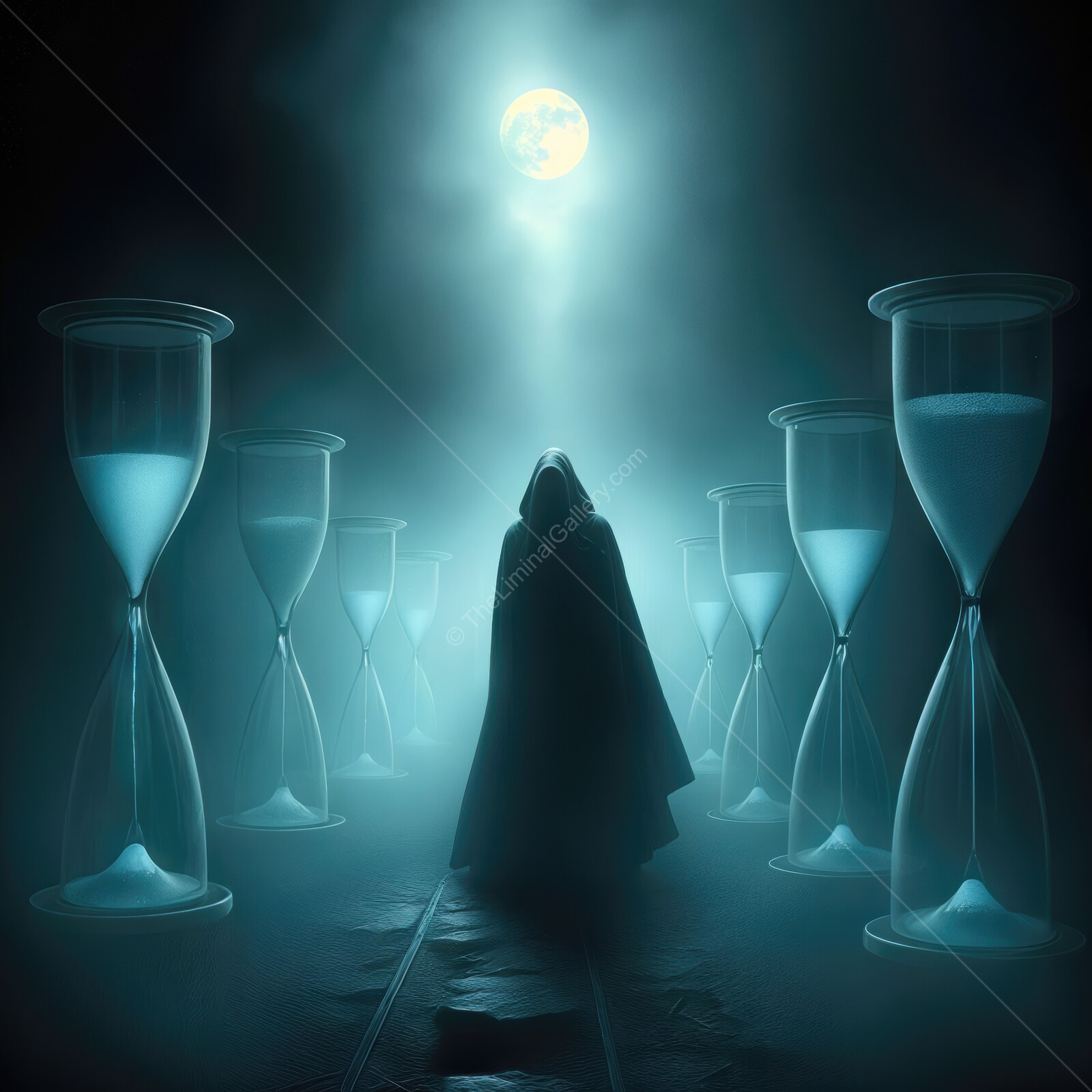 Mysterious figure journeying through a liminal foggy realm of hourglasses under a luminous moon