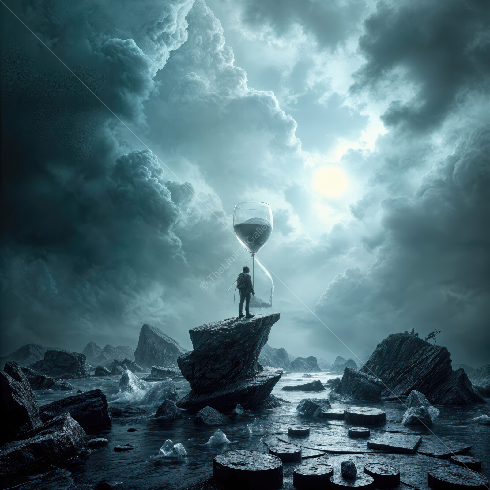 Mysterious figure stands atop crumbling rocks with a giant hourglass amidst swirling clouds