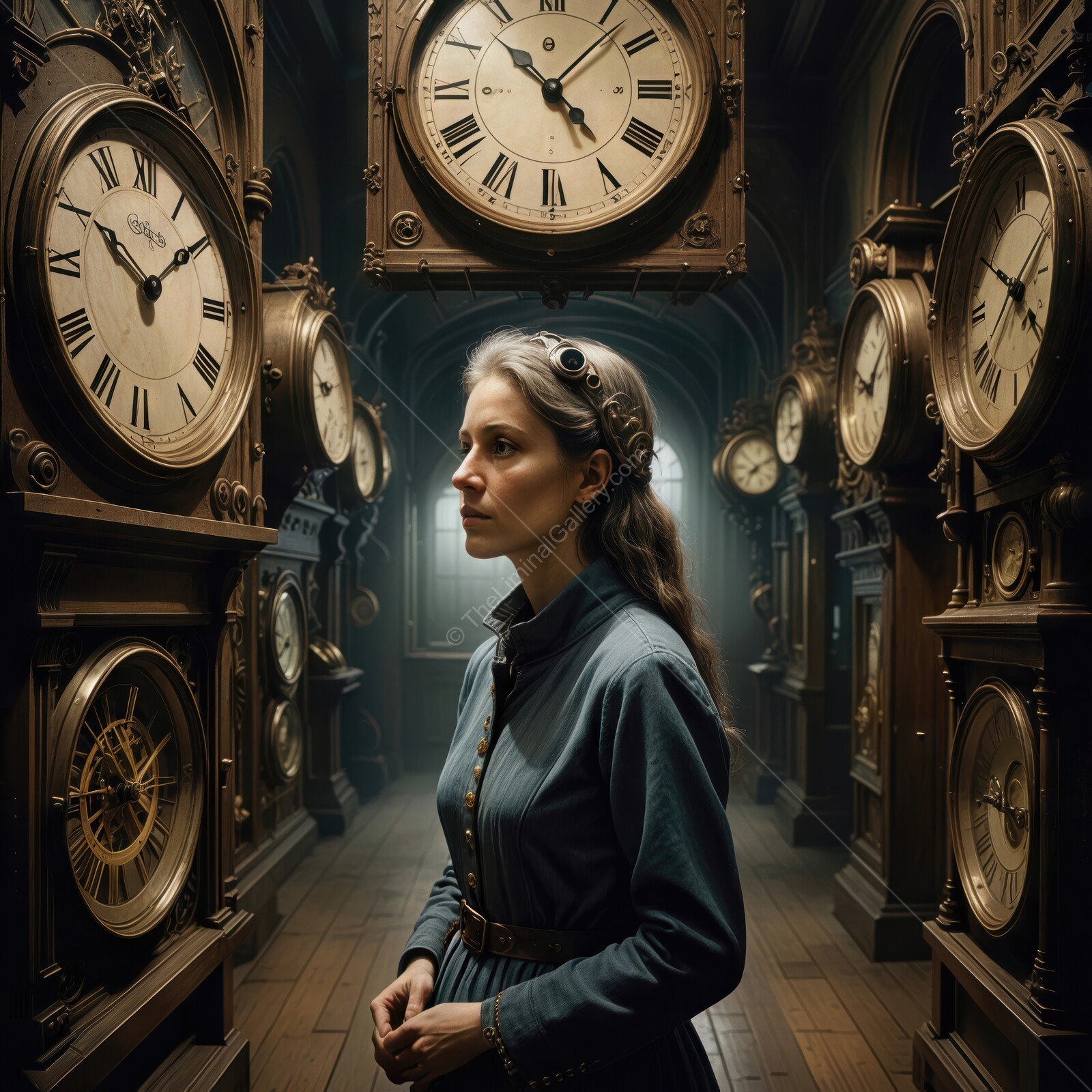 Exploring time in a grand hall filled with historical clocks and gears at dusk