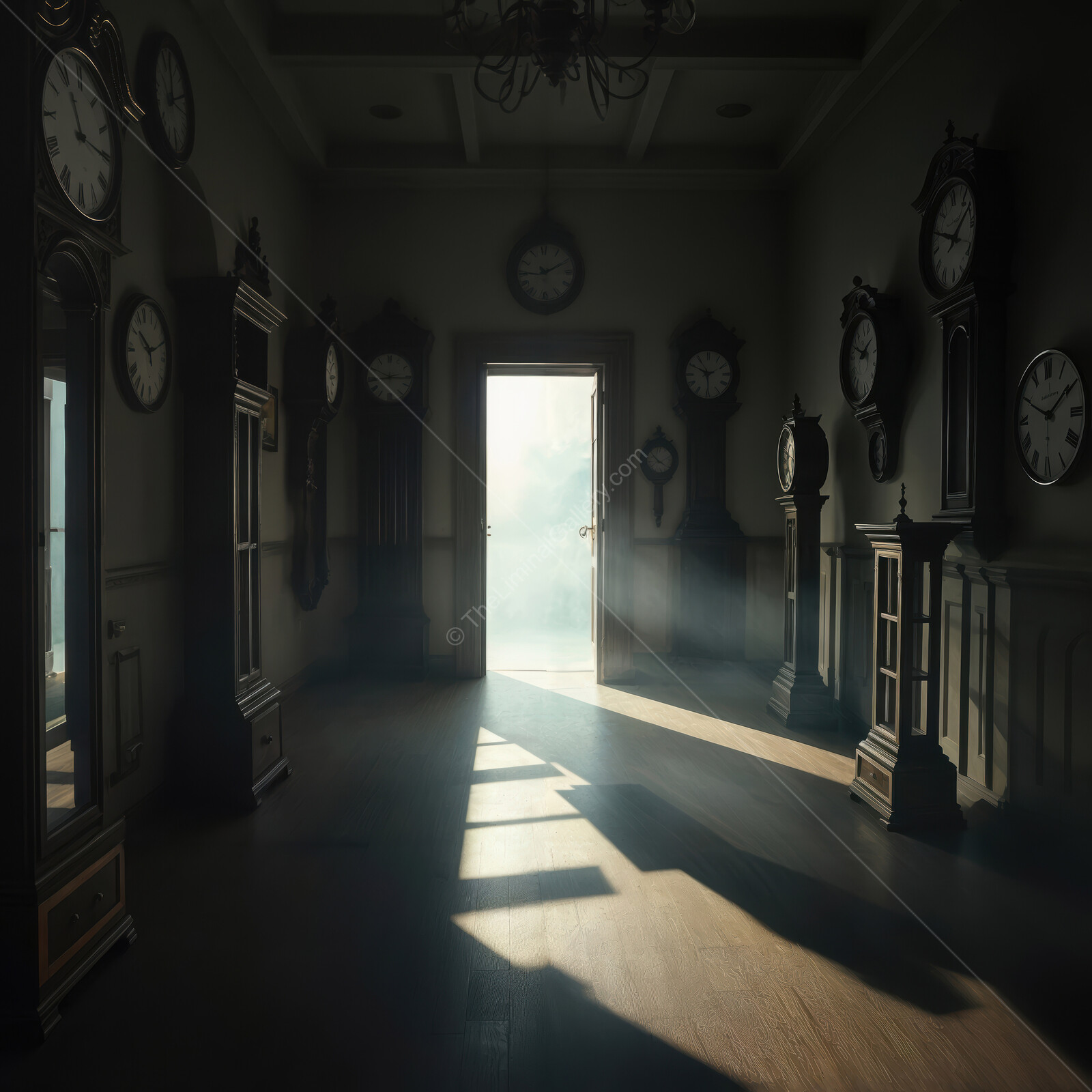 Mysterious hallway of antique clocks leading to an ethereal doorway in early morning light