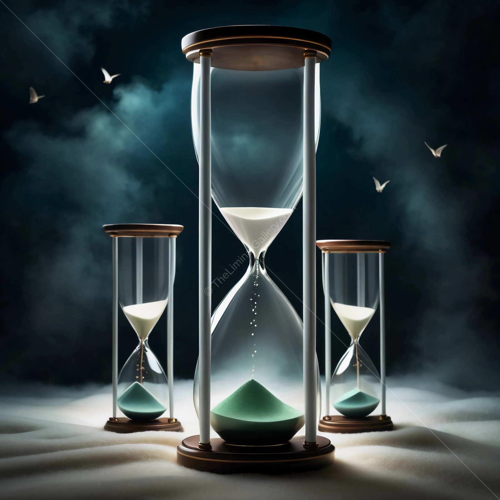 Intricate hourglasses capture the essence of time and fleeting moments in a misty, ethereal landscape