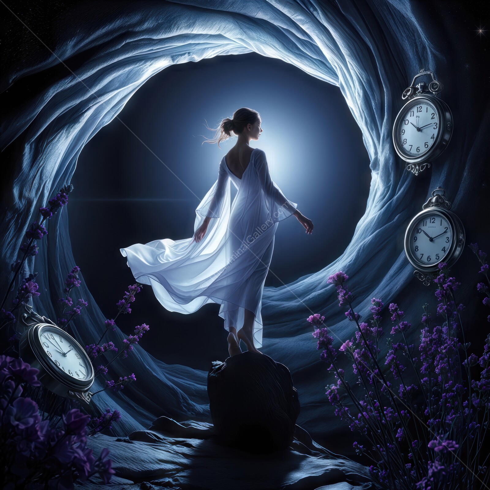 Ethereal woman in flowing white dress surrounded by clocks, standing in a mystical cave with flowers at night