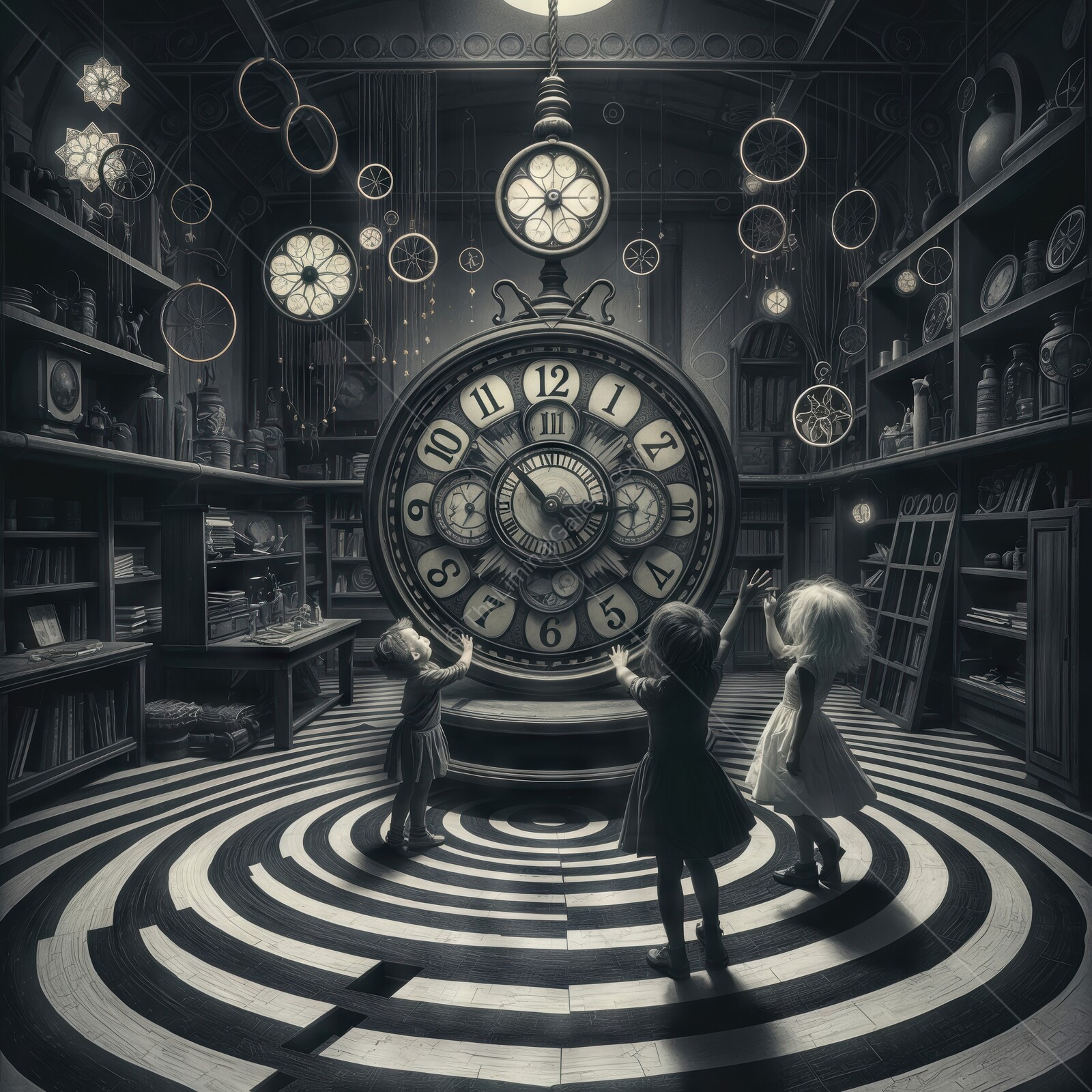 Mysterious clock chamber where curious children explore time and magic in a whimsical setting