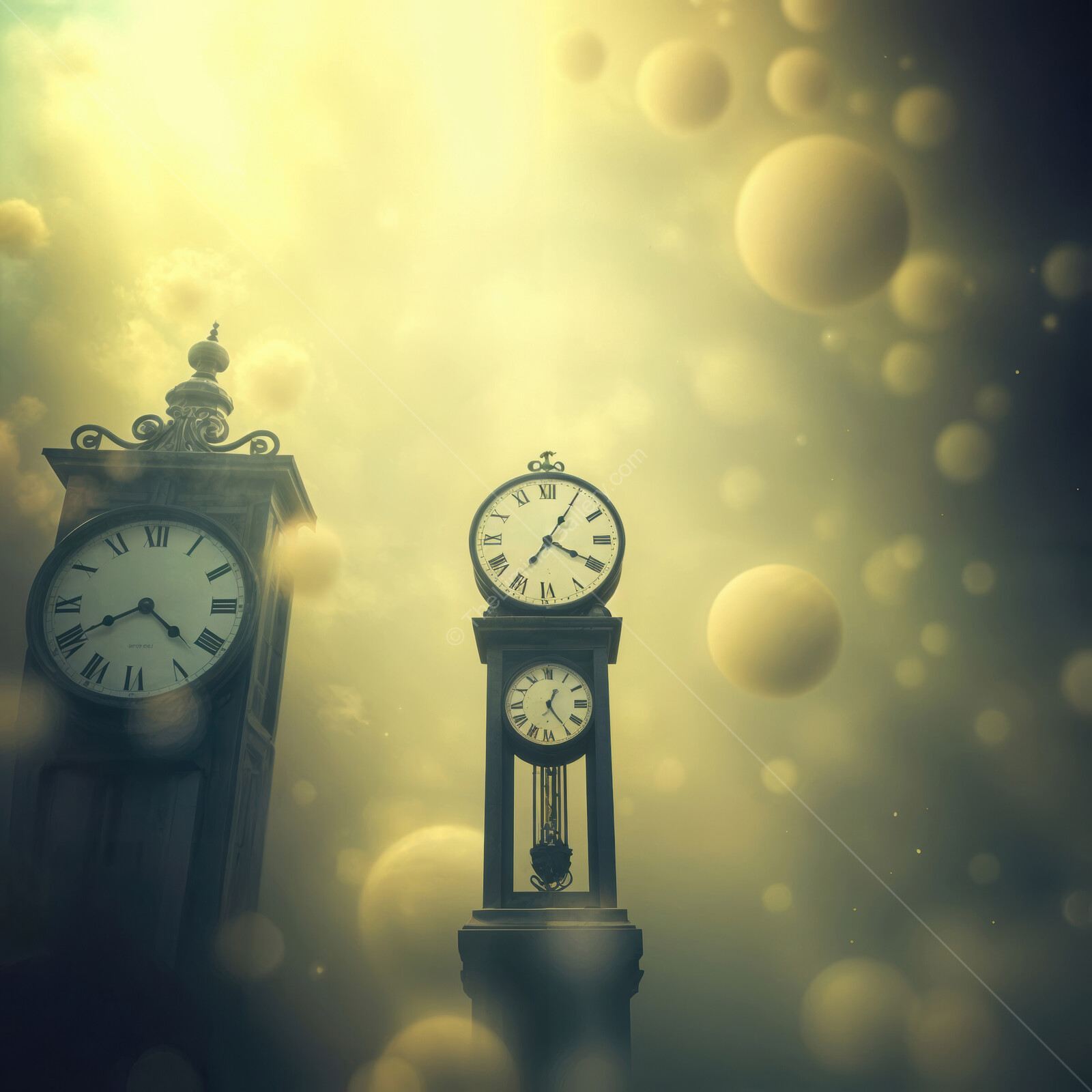 Mystical clocks looming in an ethereal atmosphere filled with floating orbs