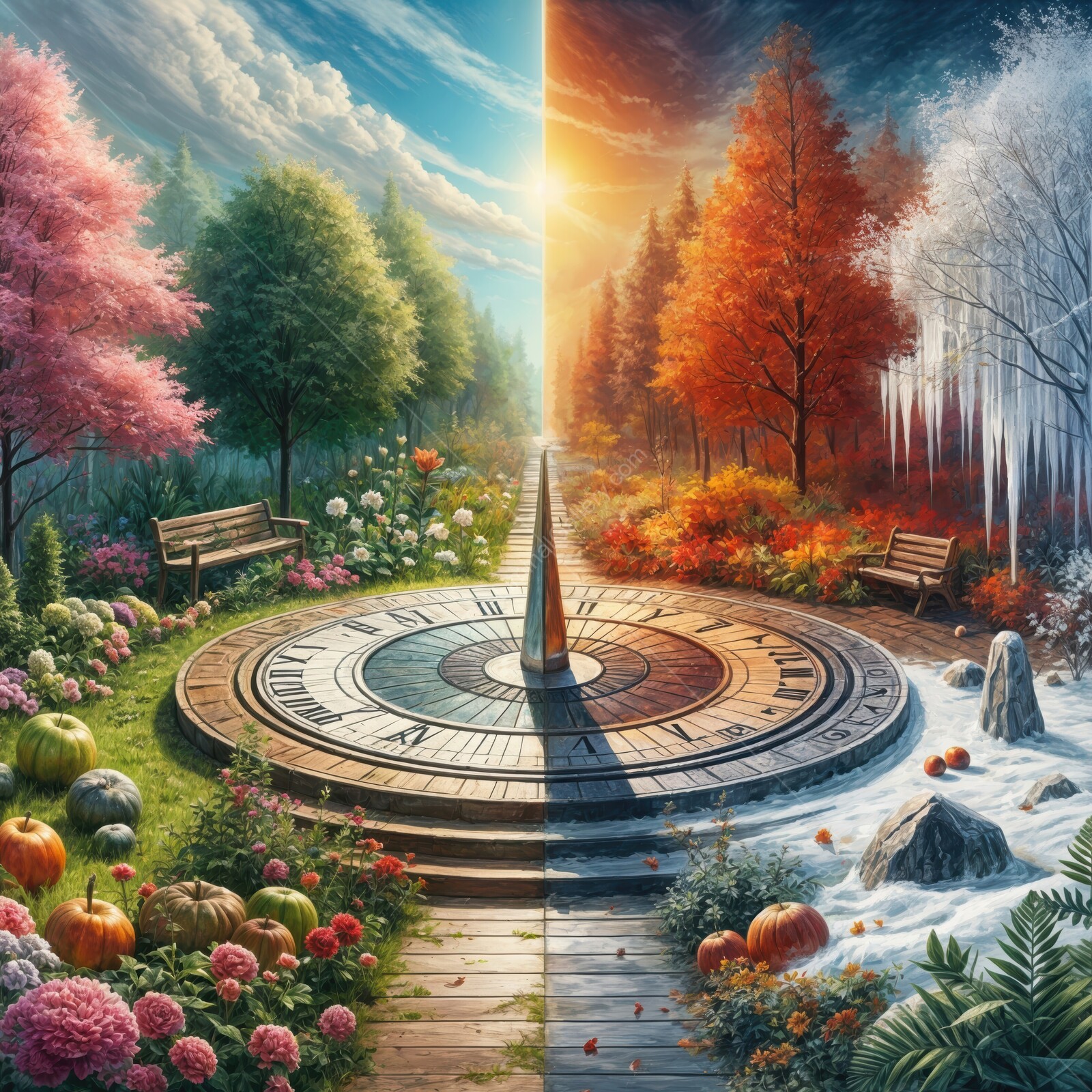 Beautiful seasonal transition landscape showcasing vibrant colors and textures in a serene garden setting