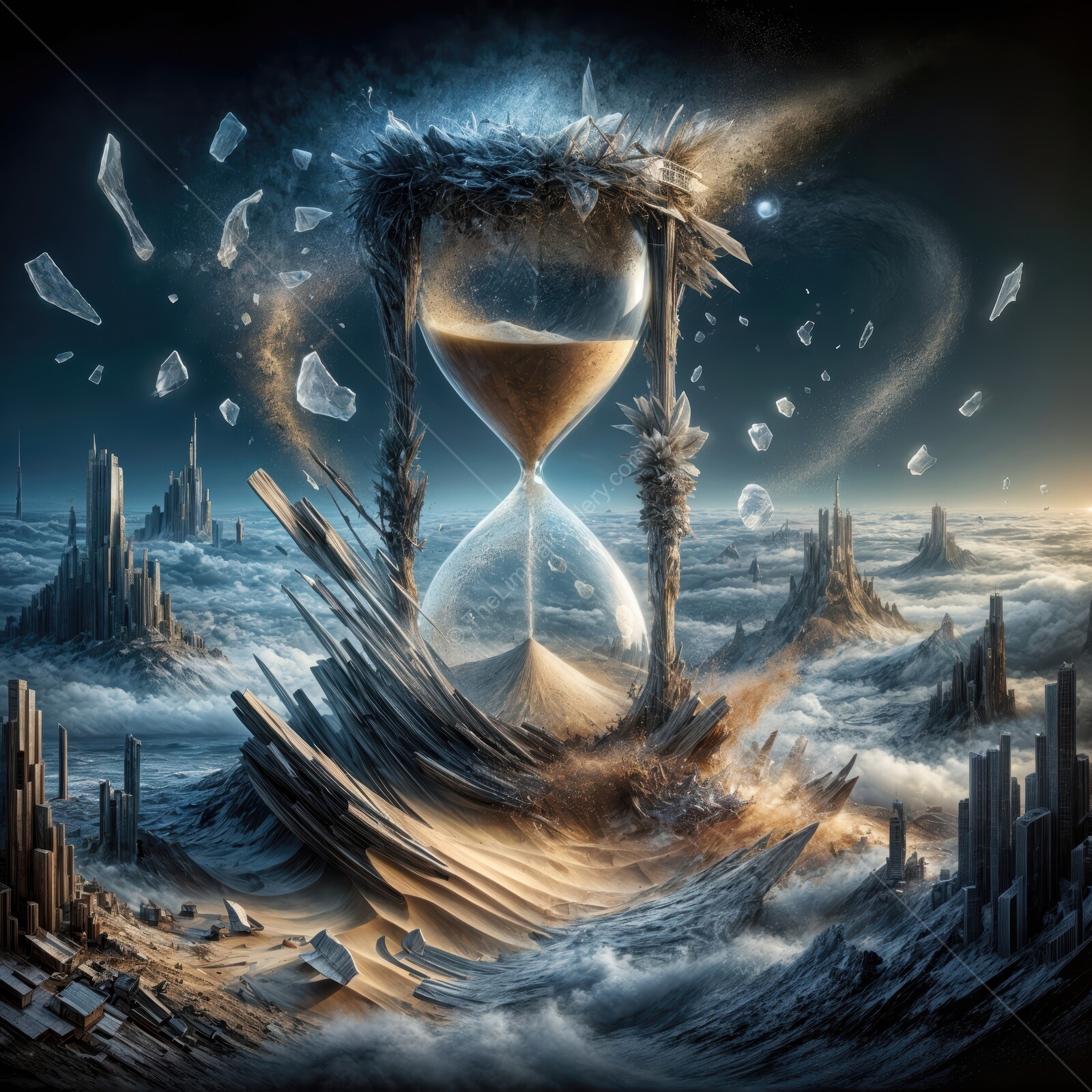 Eternal sands flow through a shattered hourglass in a surreal dreamscape of clouds and distant mountains