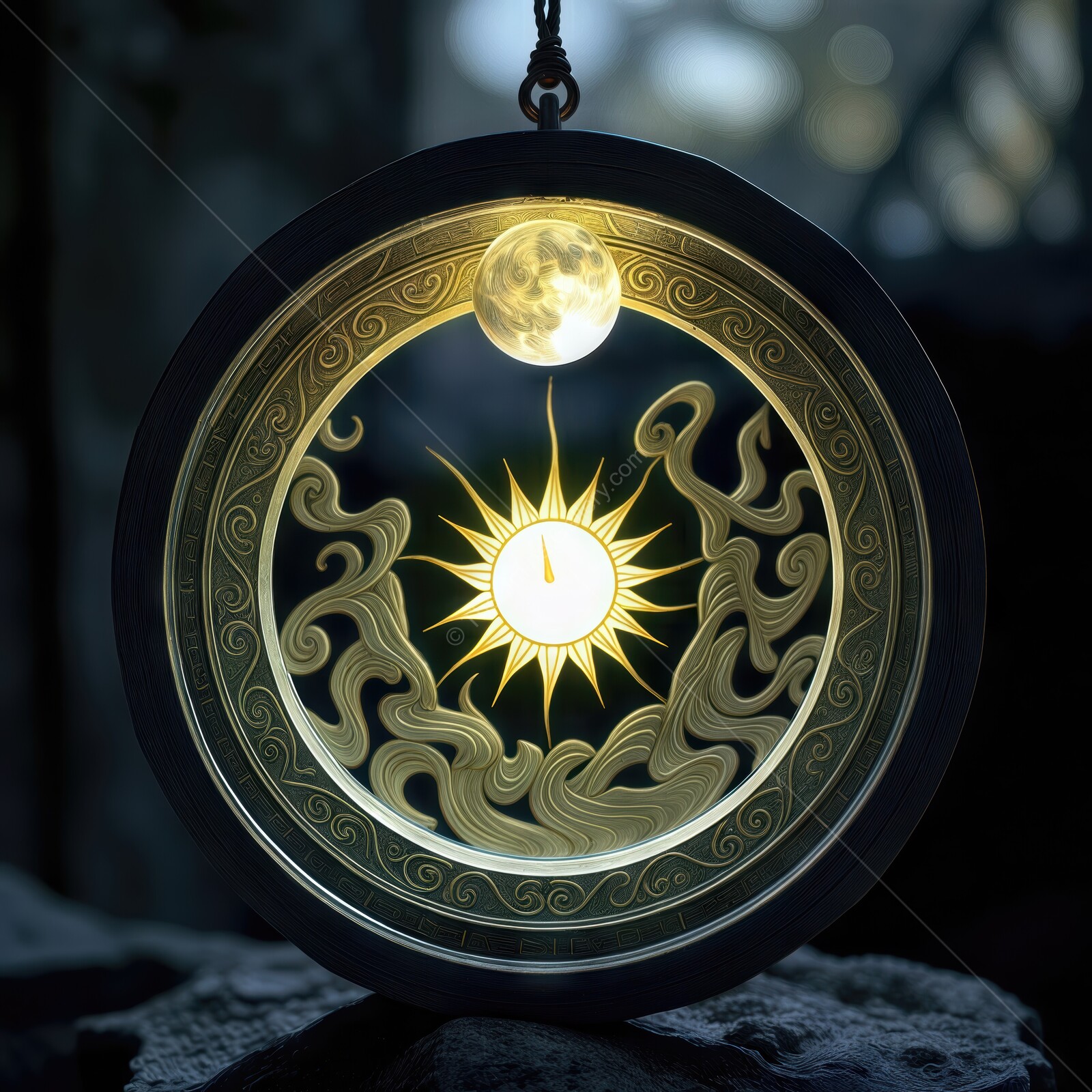 Intricate pendant showcasing the sun and moon entwined in a dance of light and shadow