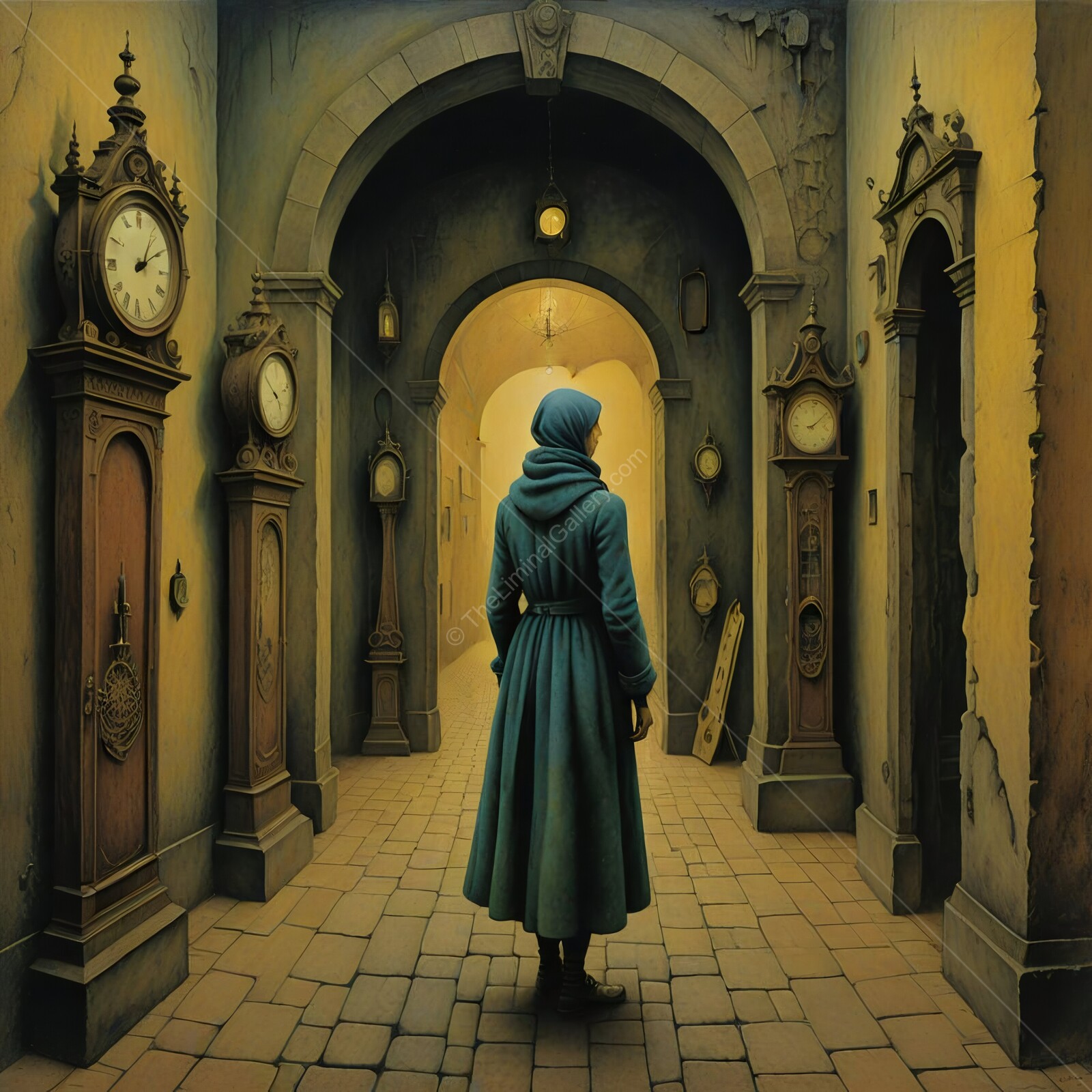 Mystical journey through a timeless corridor with a woman in a blue cloak