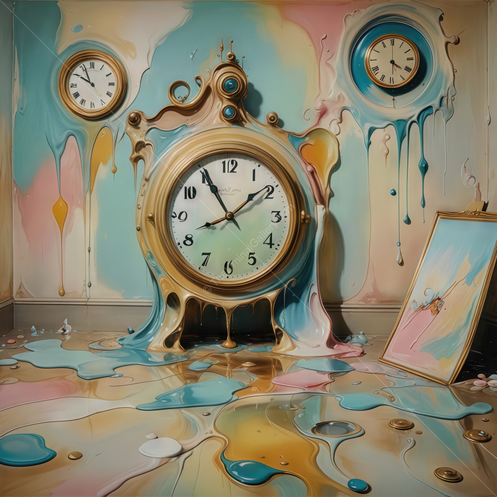 Melting time in a whimsical dreamscape with vibrant colors and surreal elements