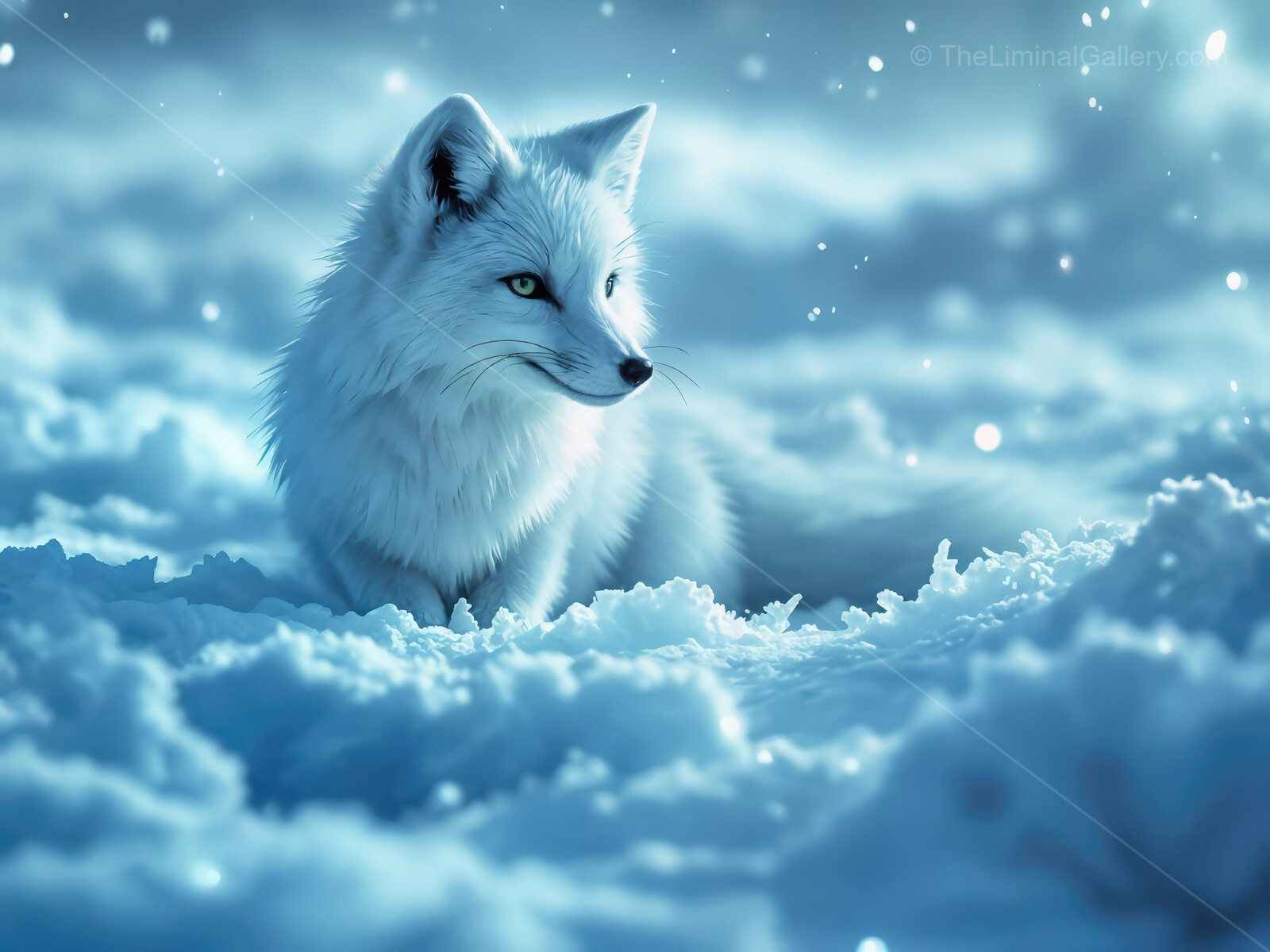 Snow-covered realm where an arctic fox silently observes the enchanting winter landscape at dusk