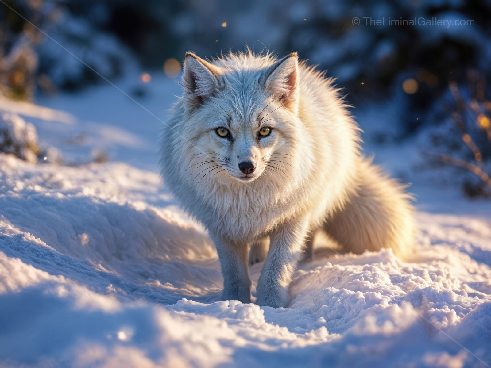 Snowy wilderness captures the serene yet mysterious presence of a liminal creature in the quiet landscape