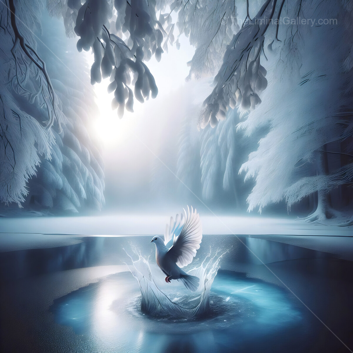 Majestic dove splashes in serene frozen landscape beneath misty light