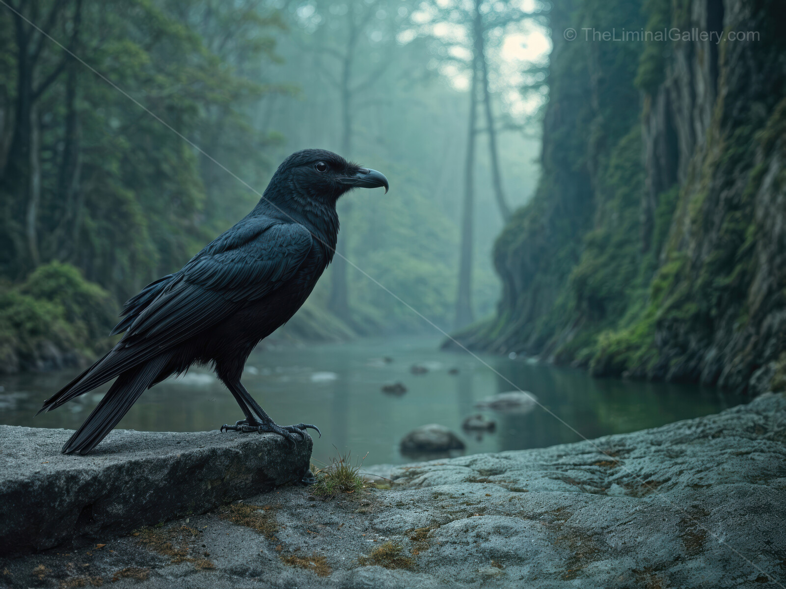 Mysterious black crow perched quietly by the tranquil river in a misty forest