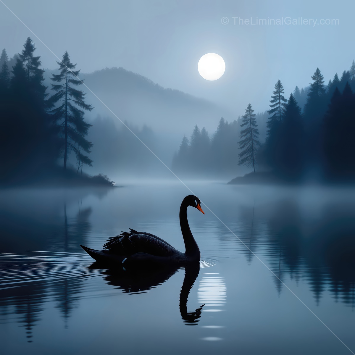 Moonlit serenity envelops a black swan gliding through a misty lake surrounded by dark silhouettes of trees at night