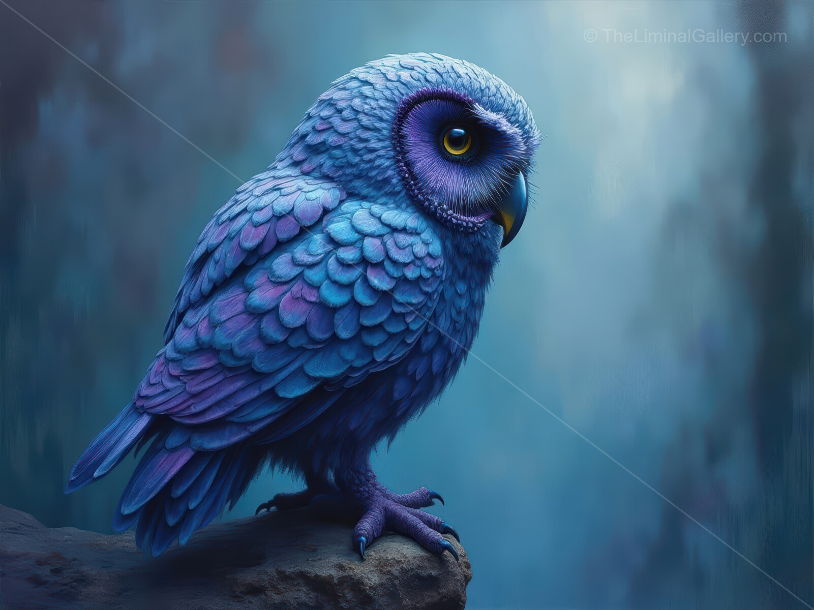 Mystical blue owl perched against a dreamy backdrop of ethereal fog and soft light